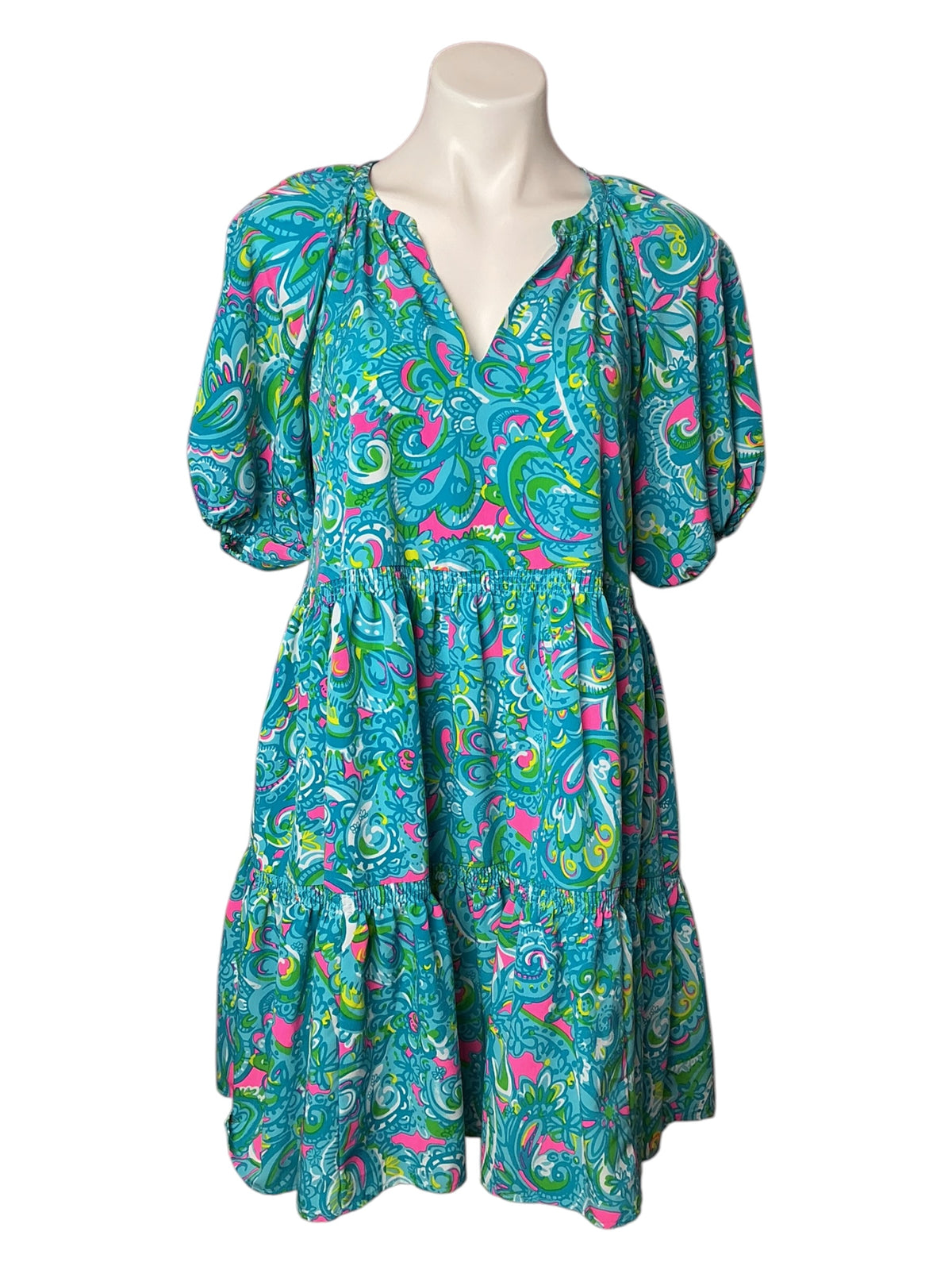 Lilly Pulitzer Shannon Short Sleeve Tiered Swing Dress Seabreeze Blue Hey Gull Friend - Size M