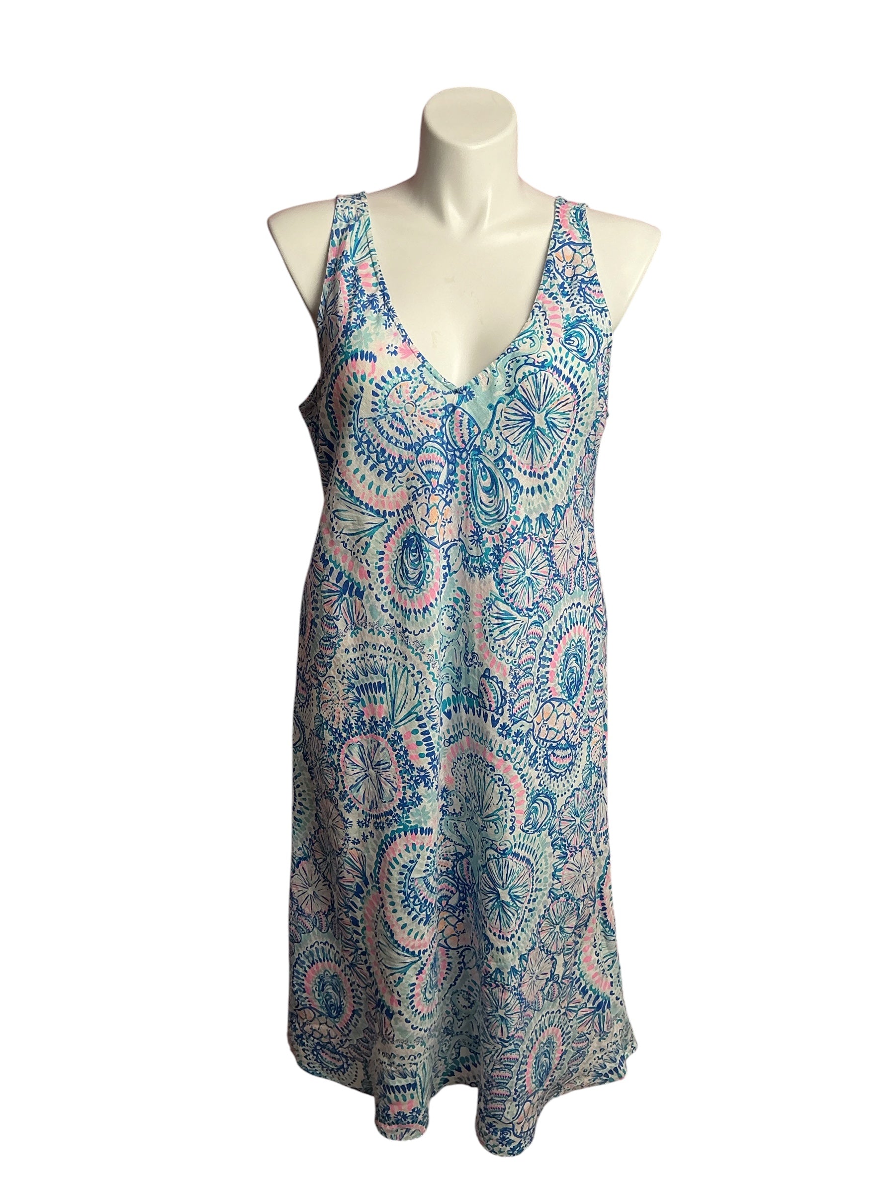 Lilly Pulitzer- Florin Sleeveless Linen Dress Blue Grotto Commotion In The Ocean Size XL