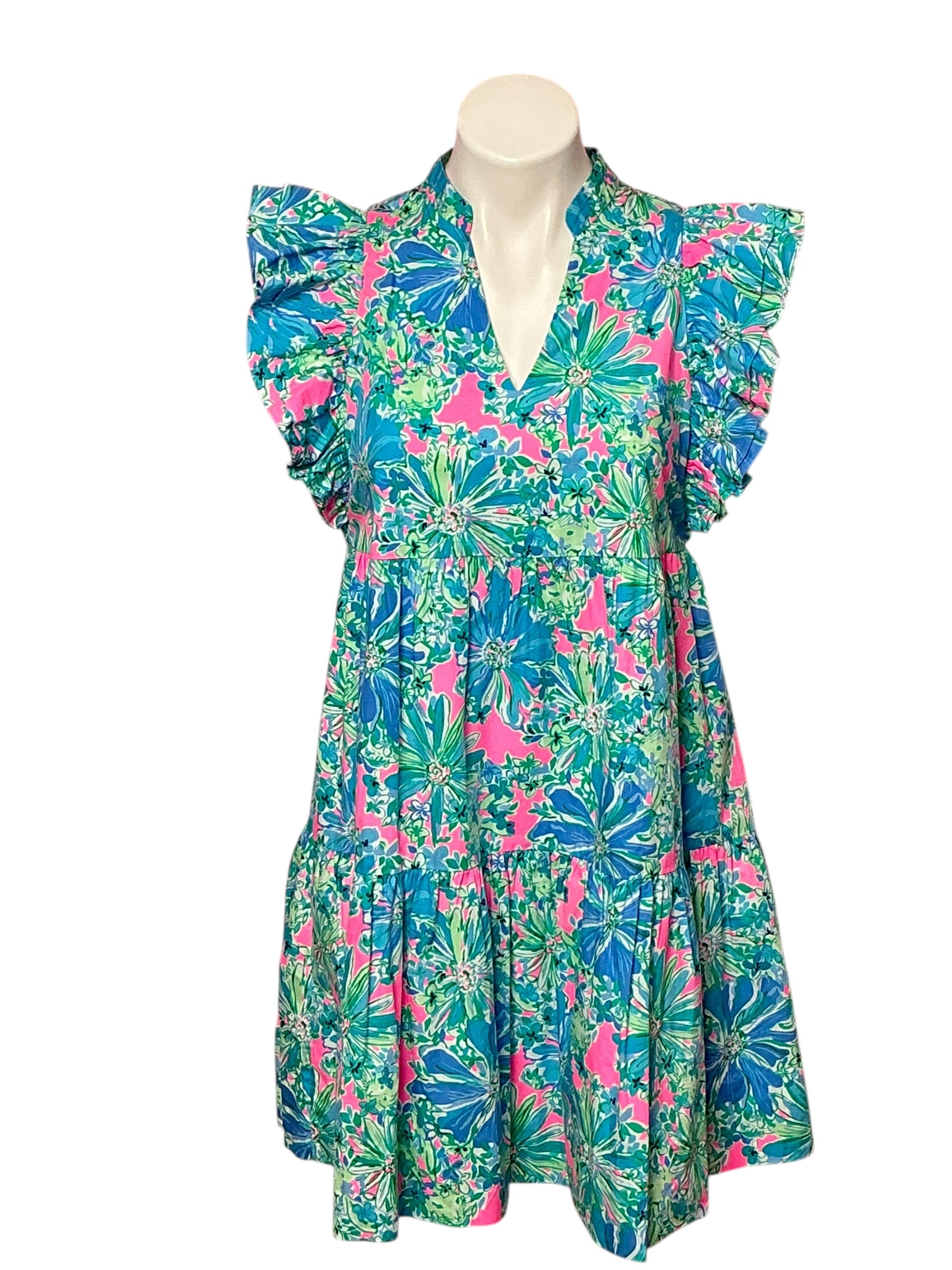 Lilly Pulitzer Aldena Ruffle Sleeve Dress - Soleil Pink Good Hare Day - Size XS