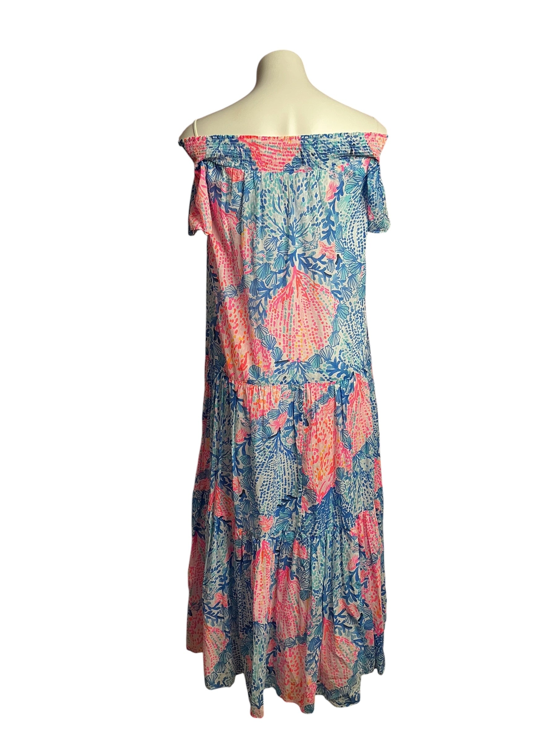Lilly Pulitzer- Dezi Off-The-Shoulder Maxi Dress Pink Isle Snappy Turtle Size S