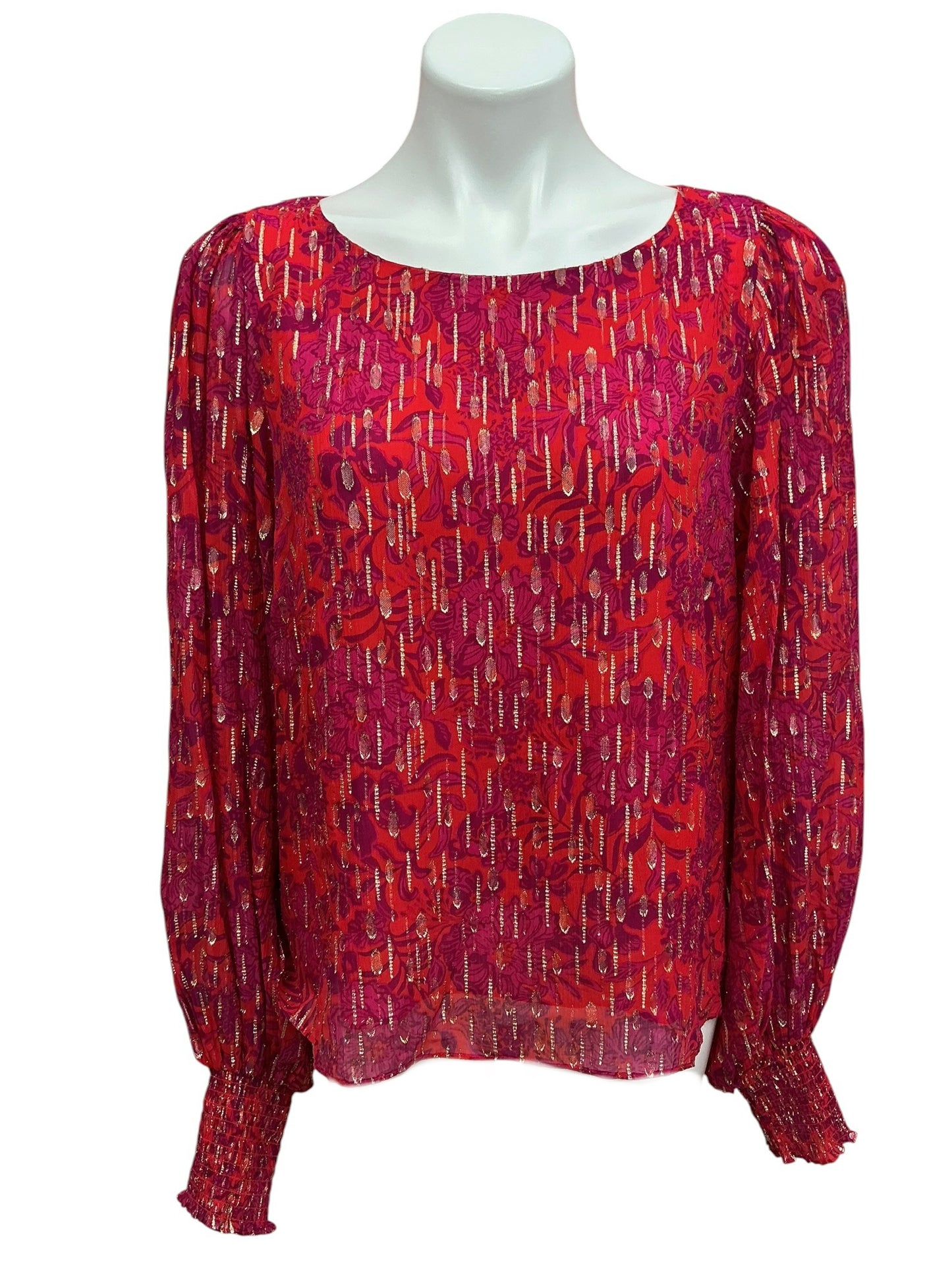 Lilly Pulitzer Alfreda Silk Top Malbec Red Holiday Cheer Metallic Shimmer Fish Clip Chiffon - Size 14