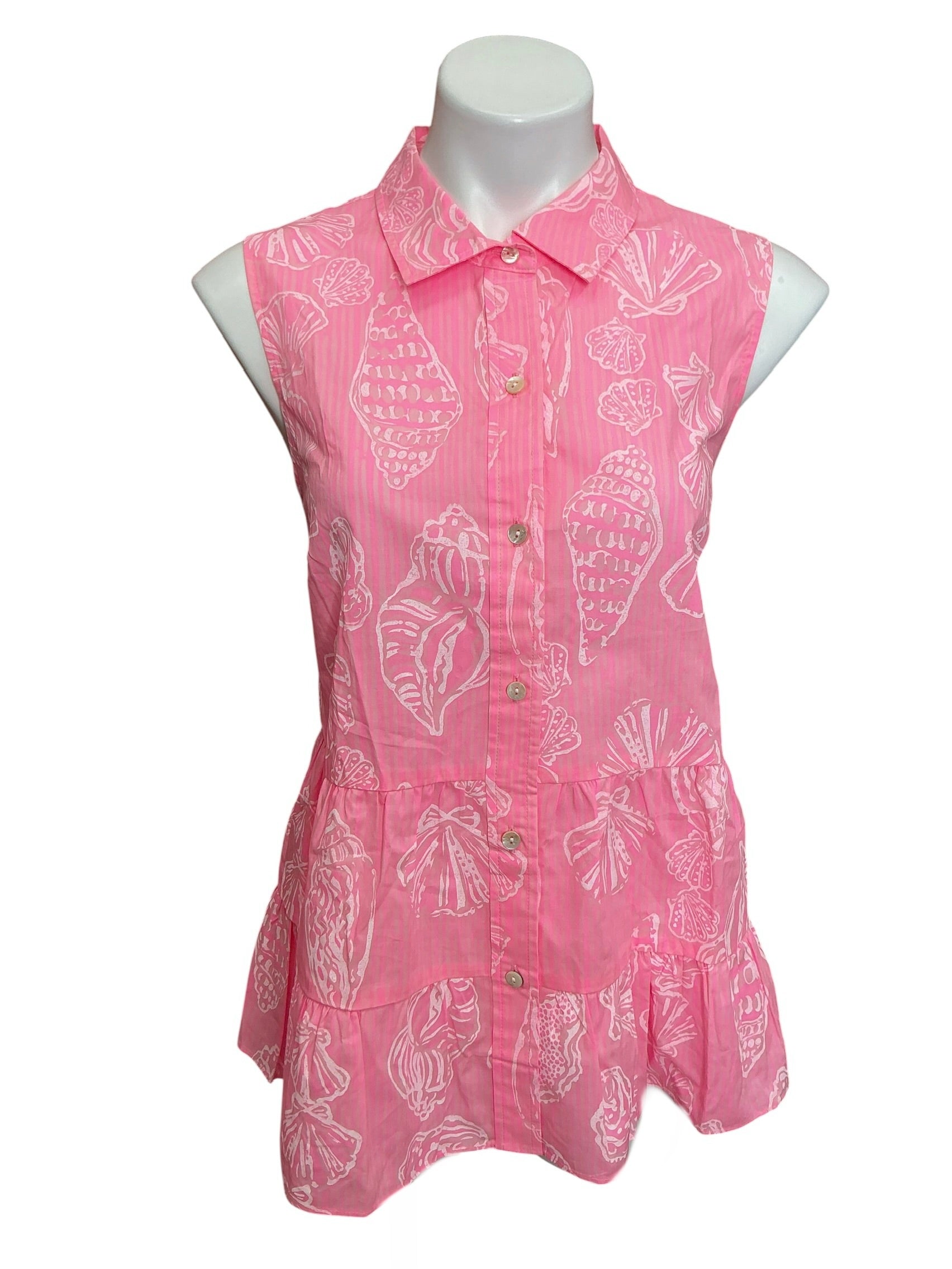 Lilly Pulitzer NWT Breah Sleeveless Button Down Top Rousseau Pink Cool As Shell Overprint - Size 12