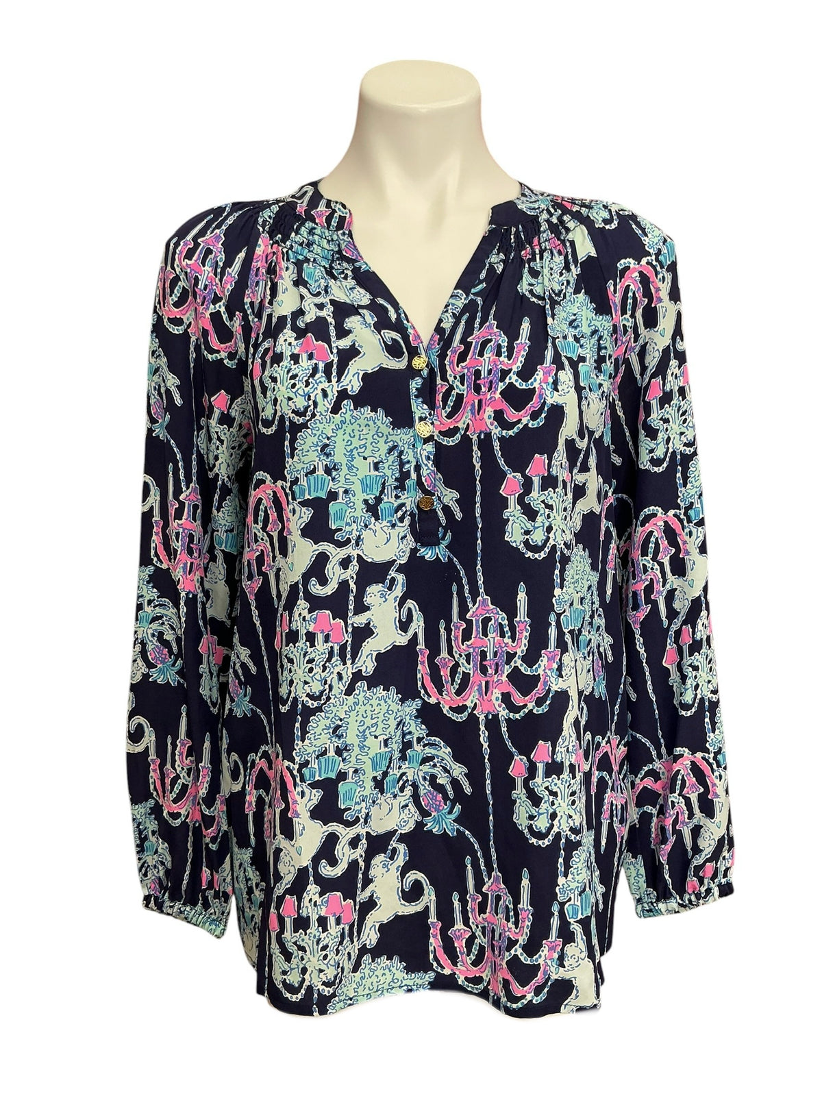 Lilly Pulitzer Elsa Silk Top Bright Navy Pop Up Monkey Trouble - Size S