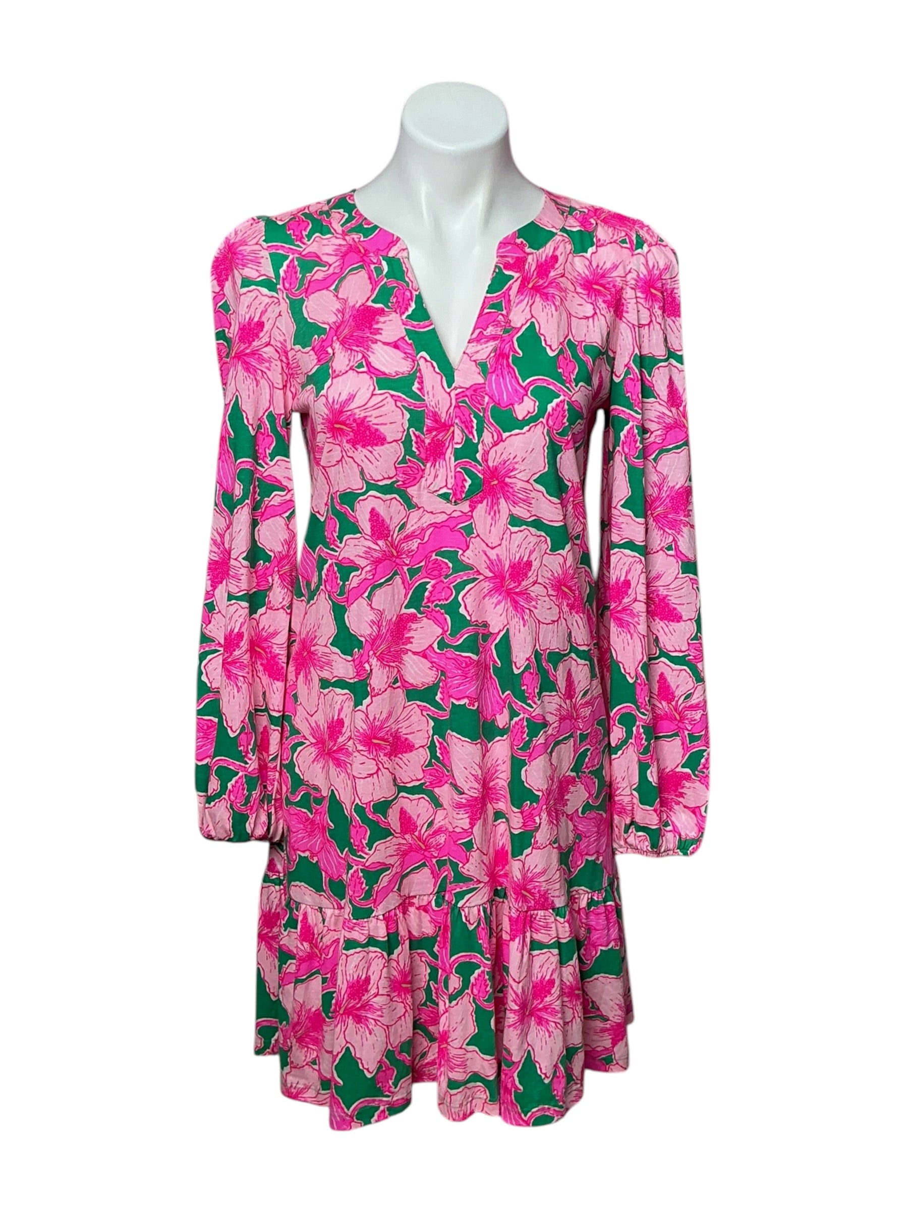 Lilly Pulitzer Alyssa Long Sleeve Shift Dress Kelly Green Hibis Kiss - Size S