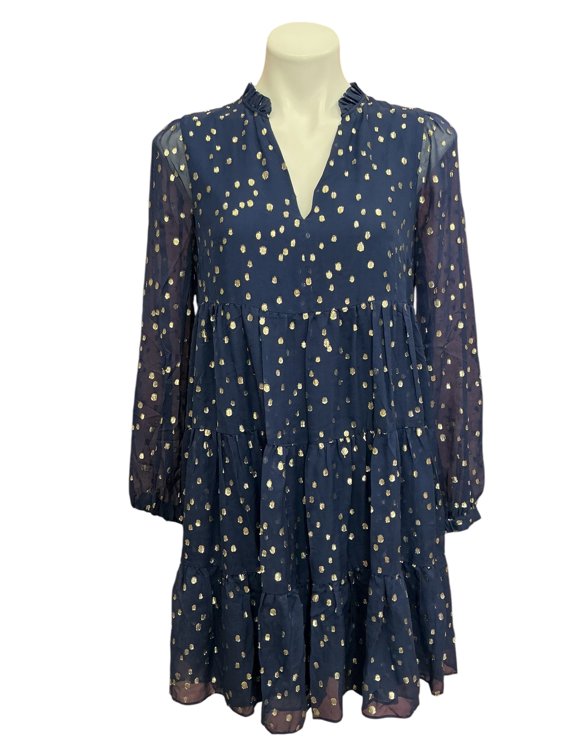 Lilly Pulitzer Sarita Silk Swing Dress High Tide Navy Gold Metallic Silk Clip - Size 6