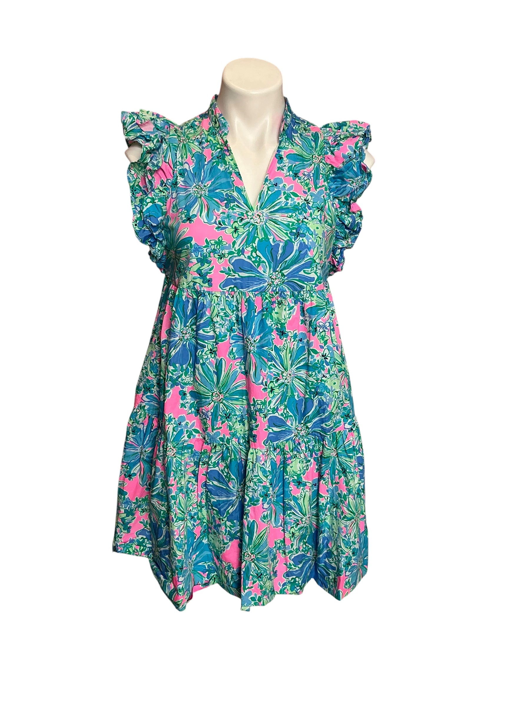 Lilly Pulitzer Aldena Ruffle Sleeve Cotton Dress Soleil Pink Good Hare Day - Size XXS