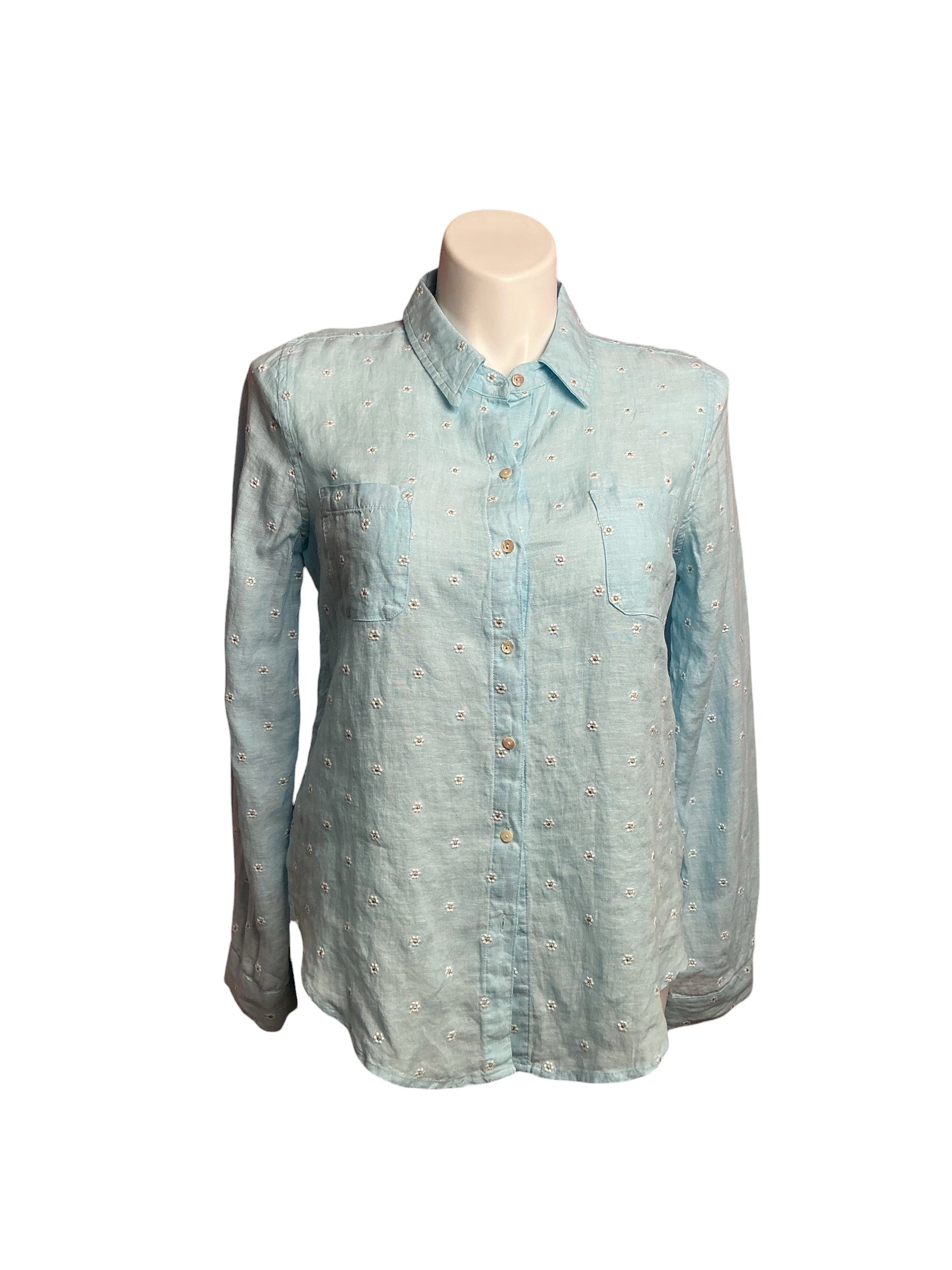 Lilly Pulitzer- Sea View Linen Button Down Shirt Hydra Blue You Drive Me Daisy Size M