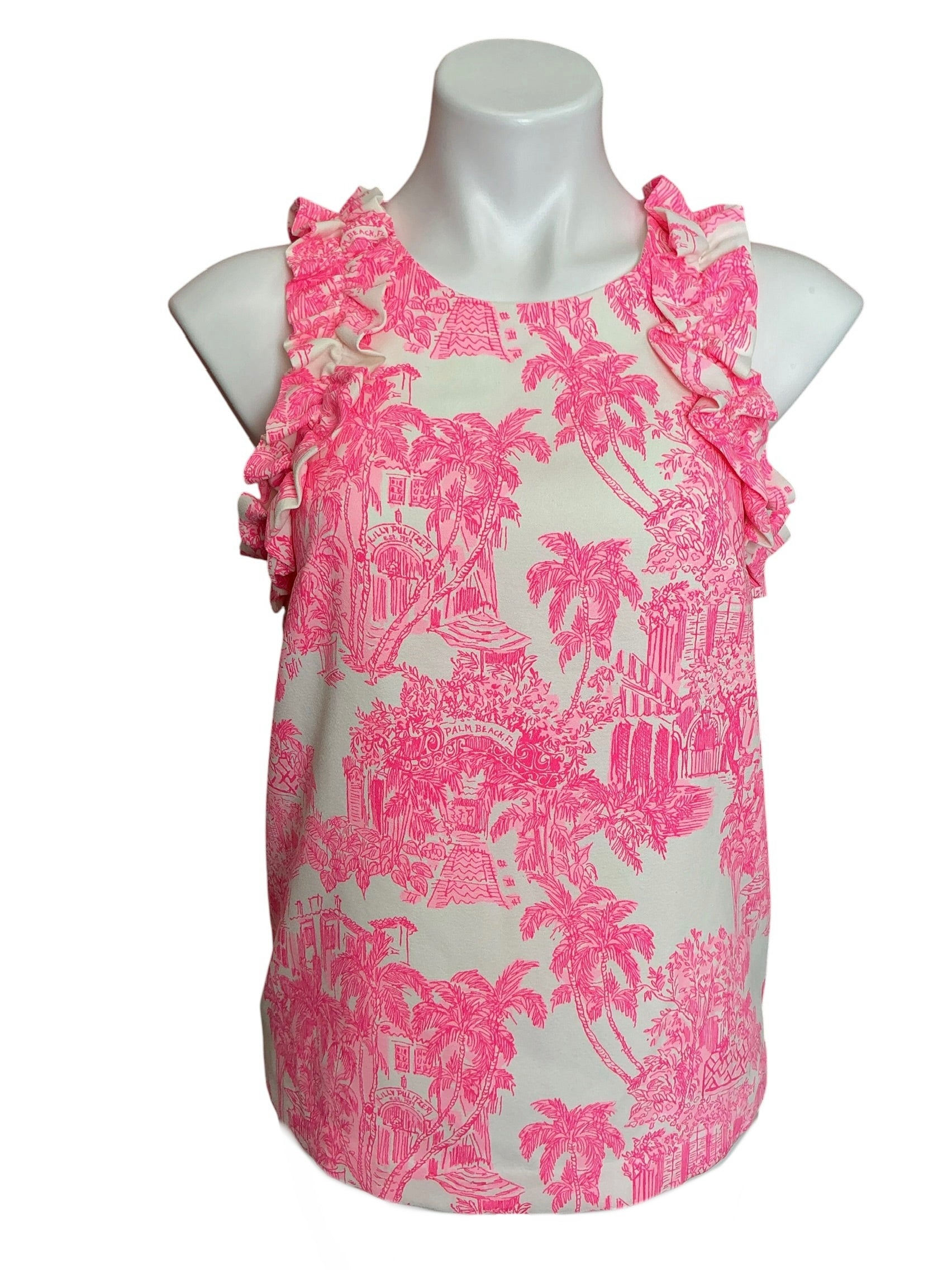 Lilly Pulitzer Kailee Sleeveless Ruffle Top Roxie Pink Palm Beach Anniversay Toile - Size XS