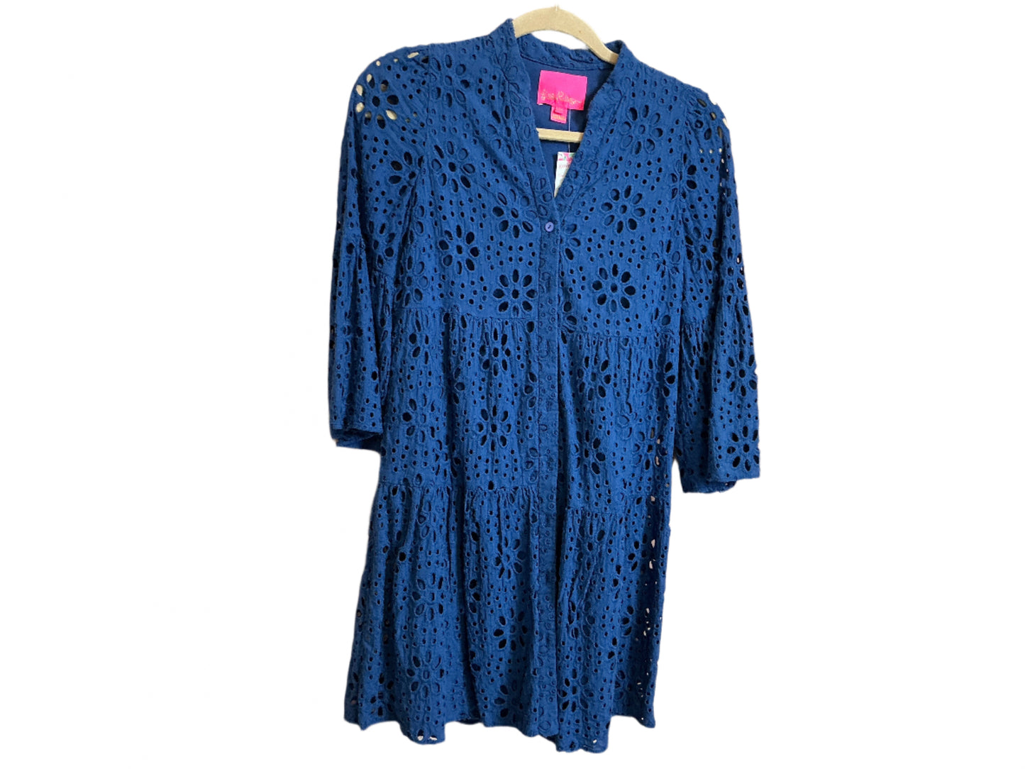 Lilly Pulitzer Hazelanne Eyelet Tiered Cotton Trapeze Dress 3/4 Sleeve in the color Oyster Bay Navy- Size 00