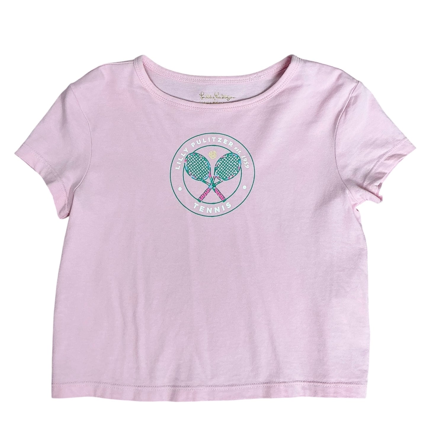 Lilly Pulitzer Girls Mini Rally Tee Peony Pink Holding Court Tennis Graphic- Size S