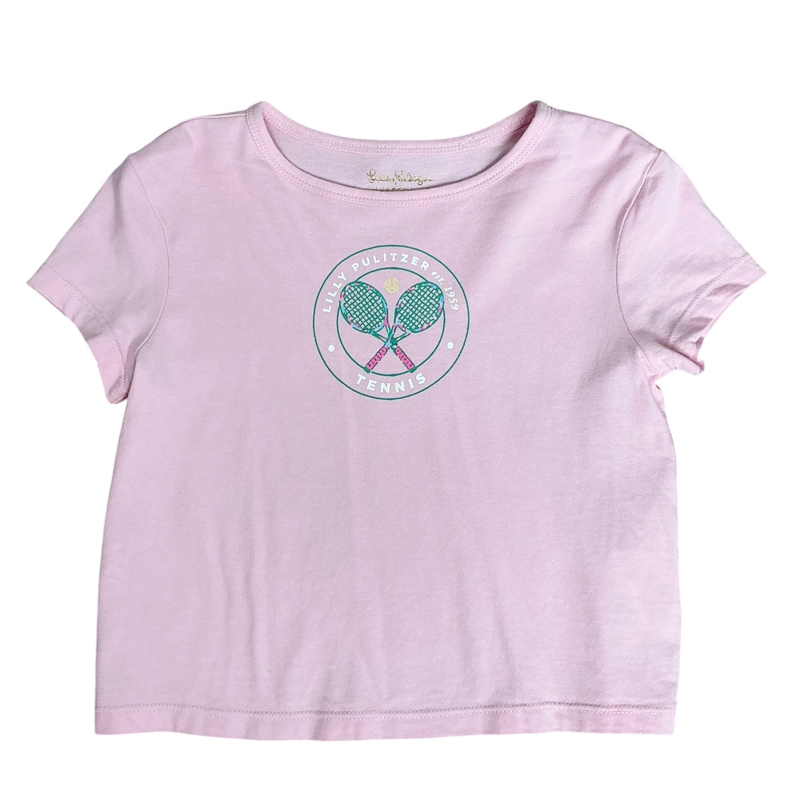 Lilly Pulitzer Girls Mini Rally Tee Peony Pink Holding Court Tennis Graphic- Size S