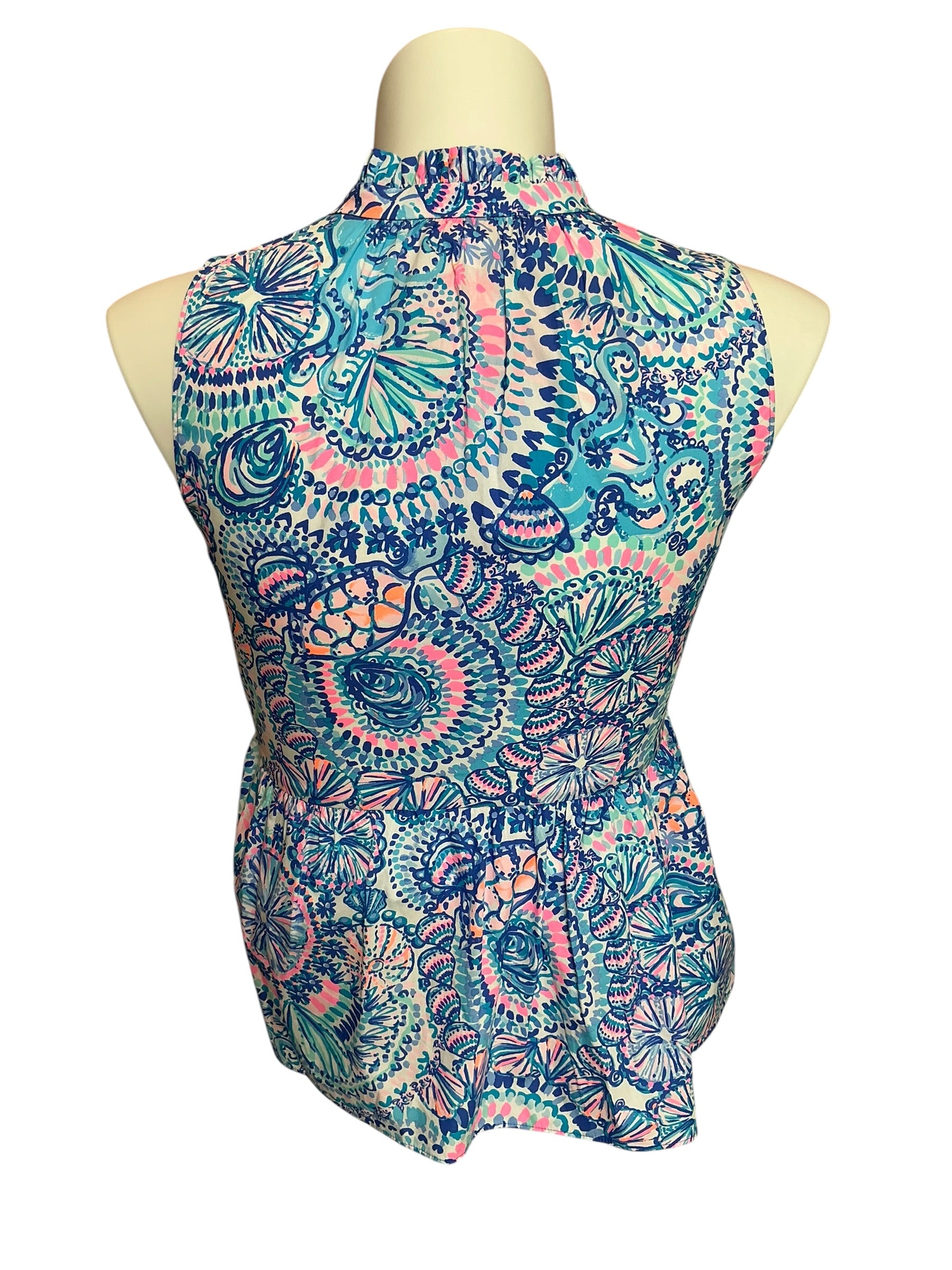 Lilly Pulitzer NWT Novella Ruffle Hem Top Blue Grotto Commotion In The Ocean - Size S