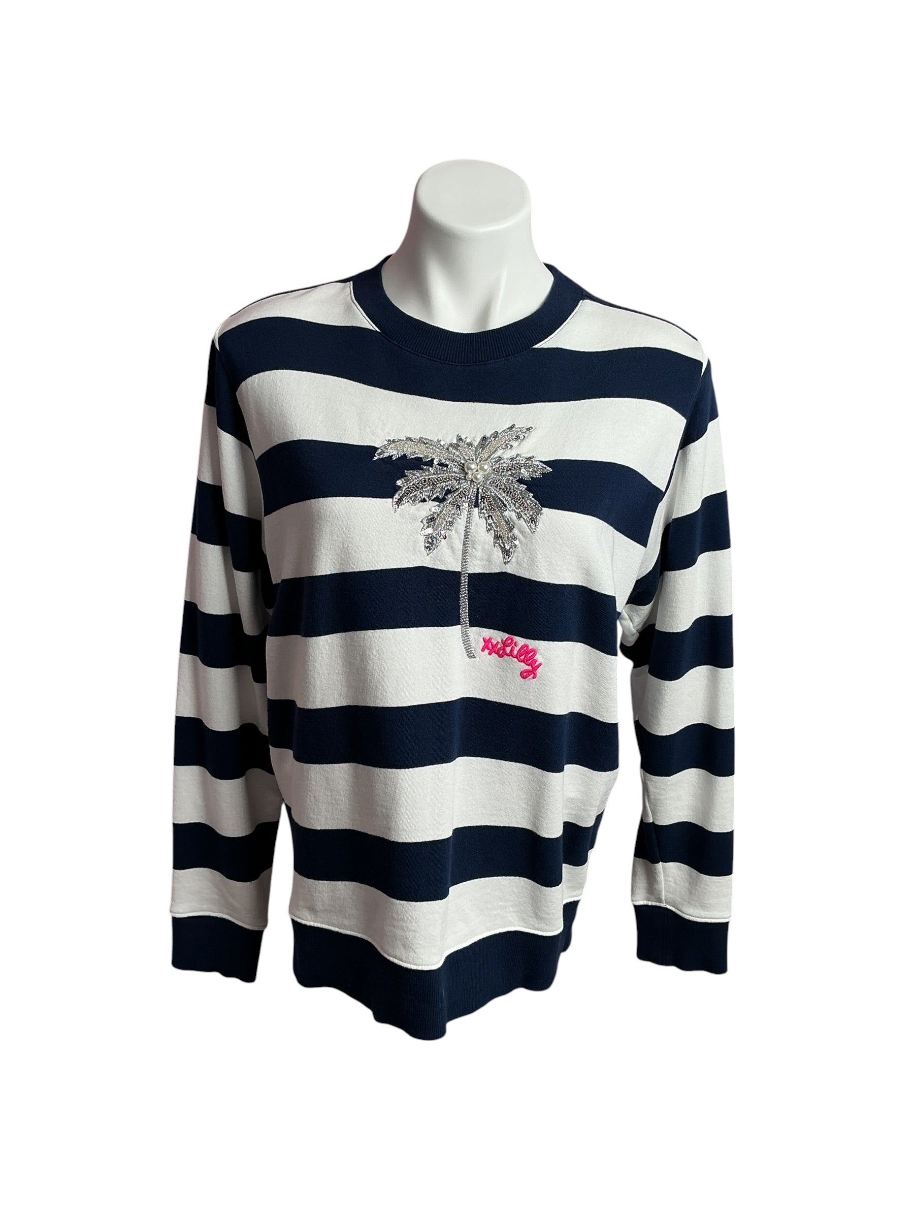 Lilly Pulitzer- Ballad Cotton Sweatshirt Low Tide Navy Beaded Palm Size XS