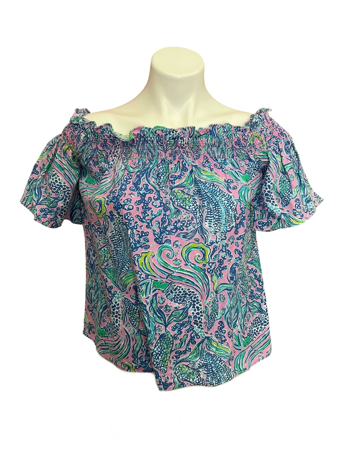 Lilly Pulitzer Leanne Off-The-Shoulder Top Lilac Rose We Mermaid It - Size XS