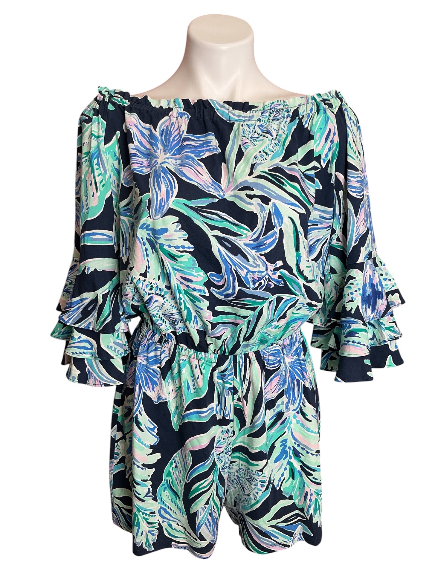 Lilly Pulitzer Calla Off-The-Shoulder High Tide Navy Ready Set Gecko - Size M