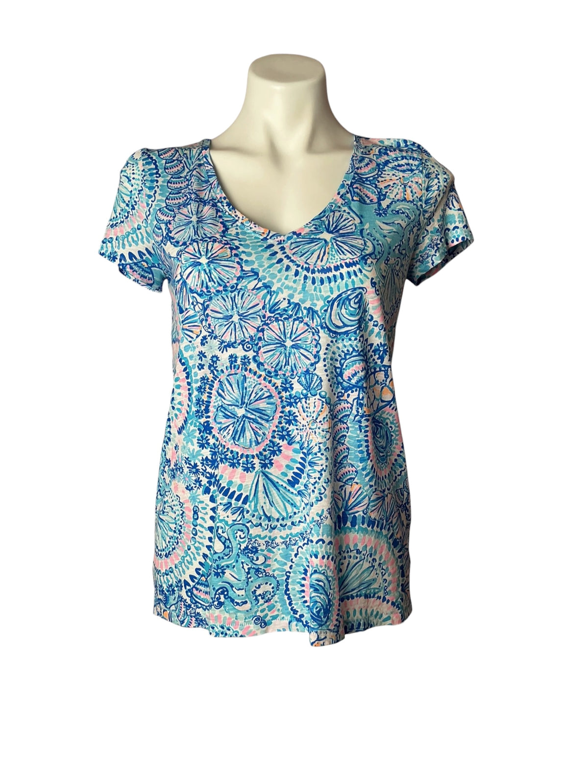 Lilly Pulitzer V-Neck Top Blue Grotto Commotion in the Ocean - Size XS