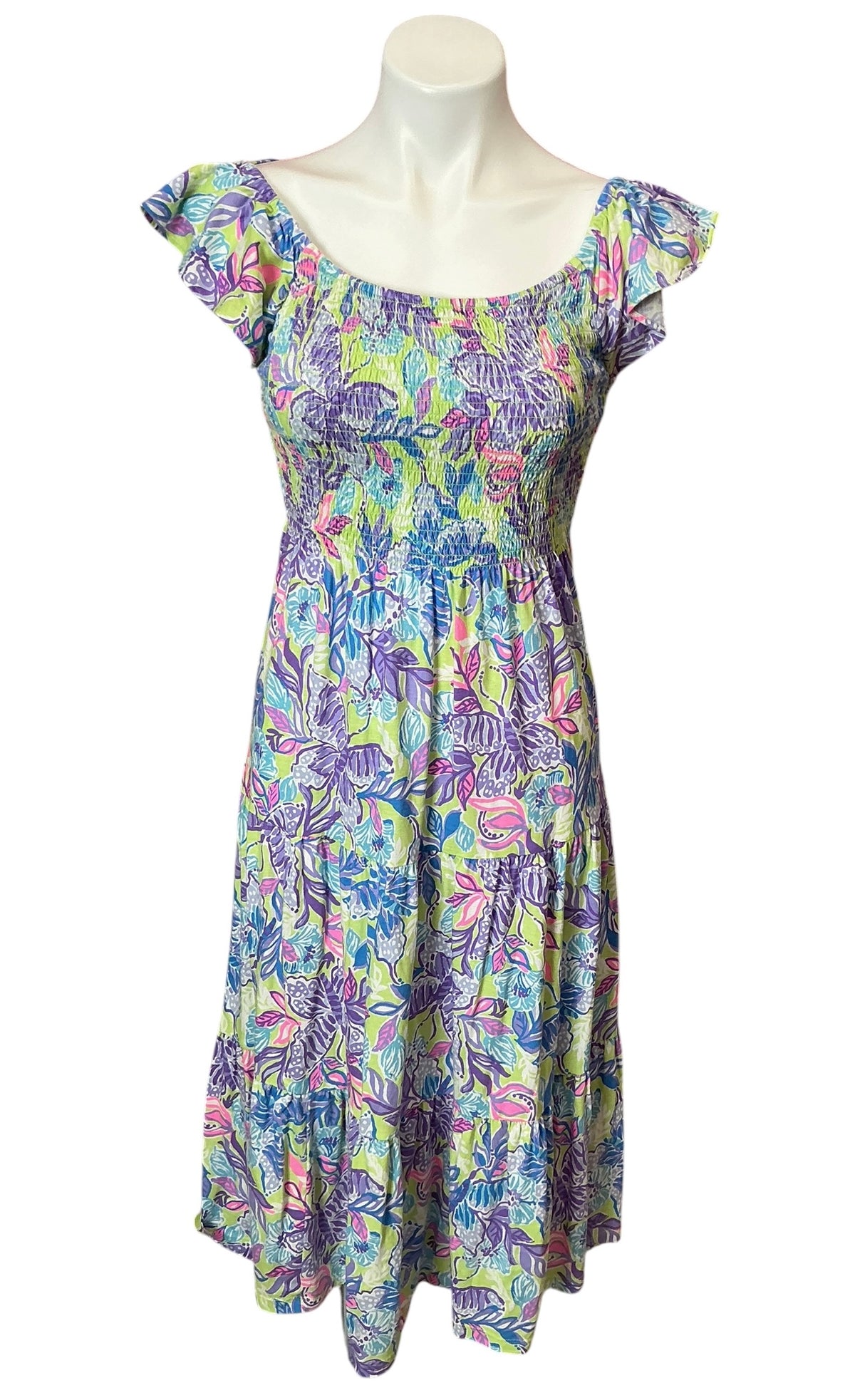 Lilly Pulitzer Jilly Smocked Midi Dress Dew Drop Stay Fly - Size XS