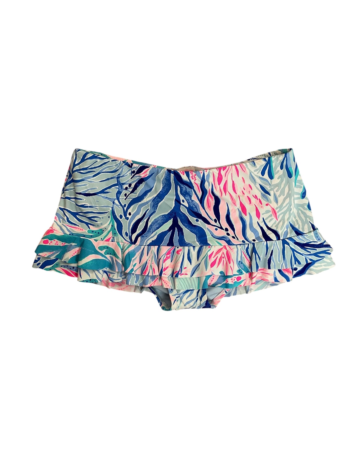 Lilly Pulitzer NWT Monaco Hipster Ruffle Swim Bottoms Crew Blue Tint Kaleidoscope Coral - Size 0