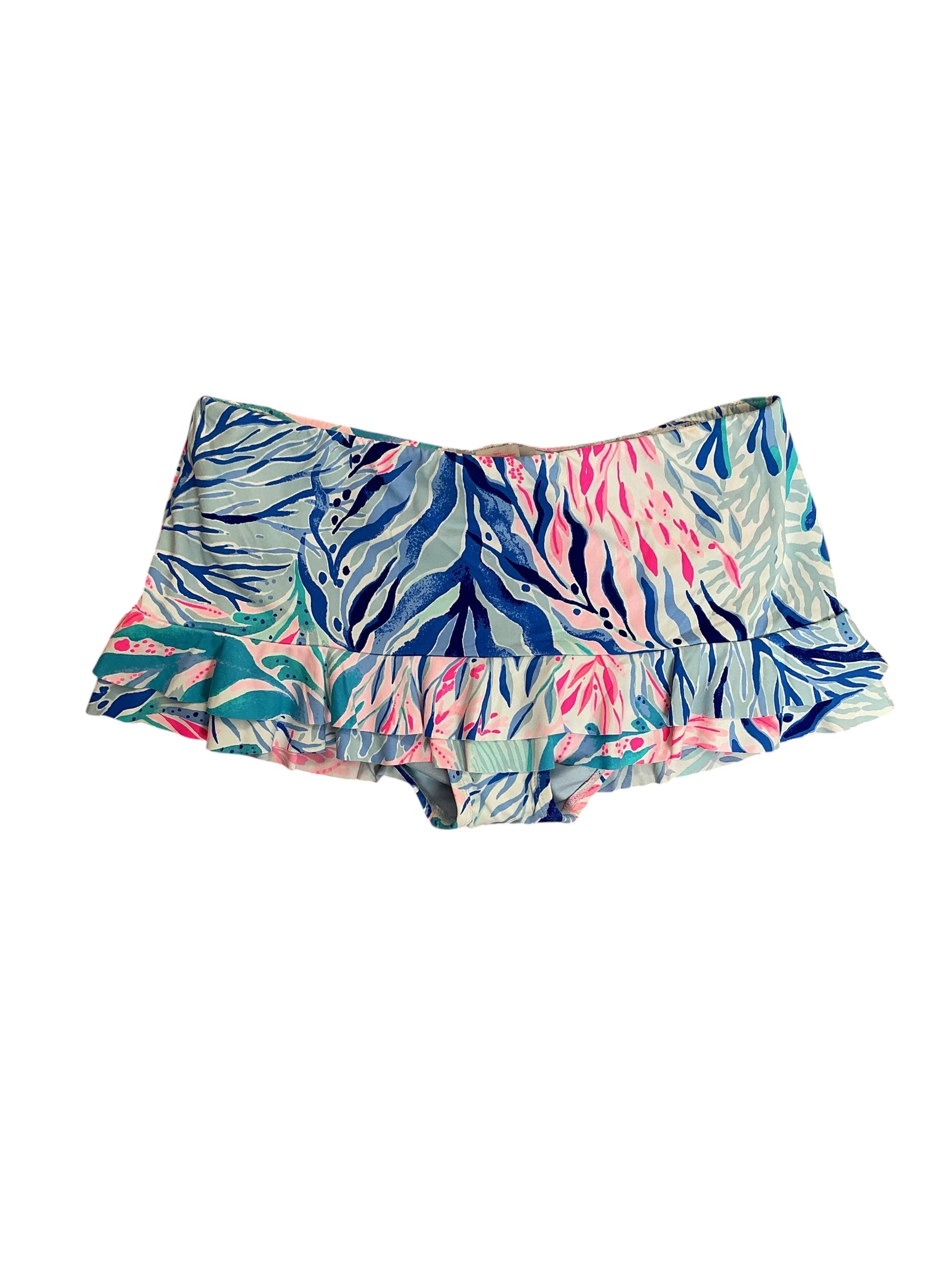 Lilly Pulitzer NWT Monaco Hipster Ruffle Swim Bottoms Crew Blue Tint Kaleidoscope Coral - Size 0