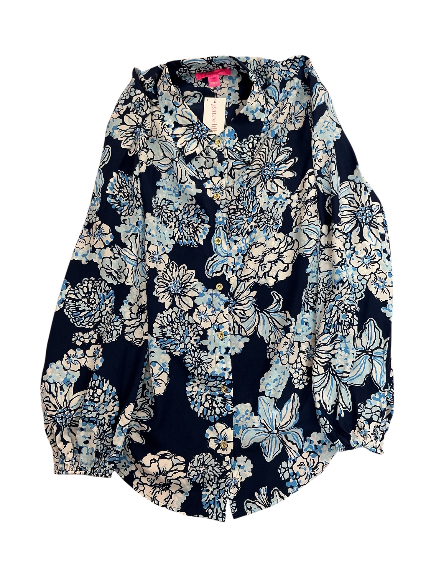 Lilly Pulitzer Farren Silk Top Low Tide Navy Bouquet All Day - Size XL