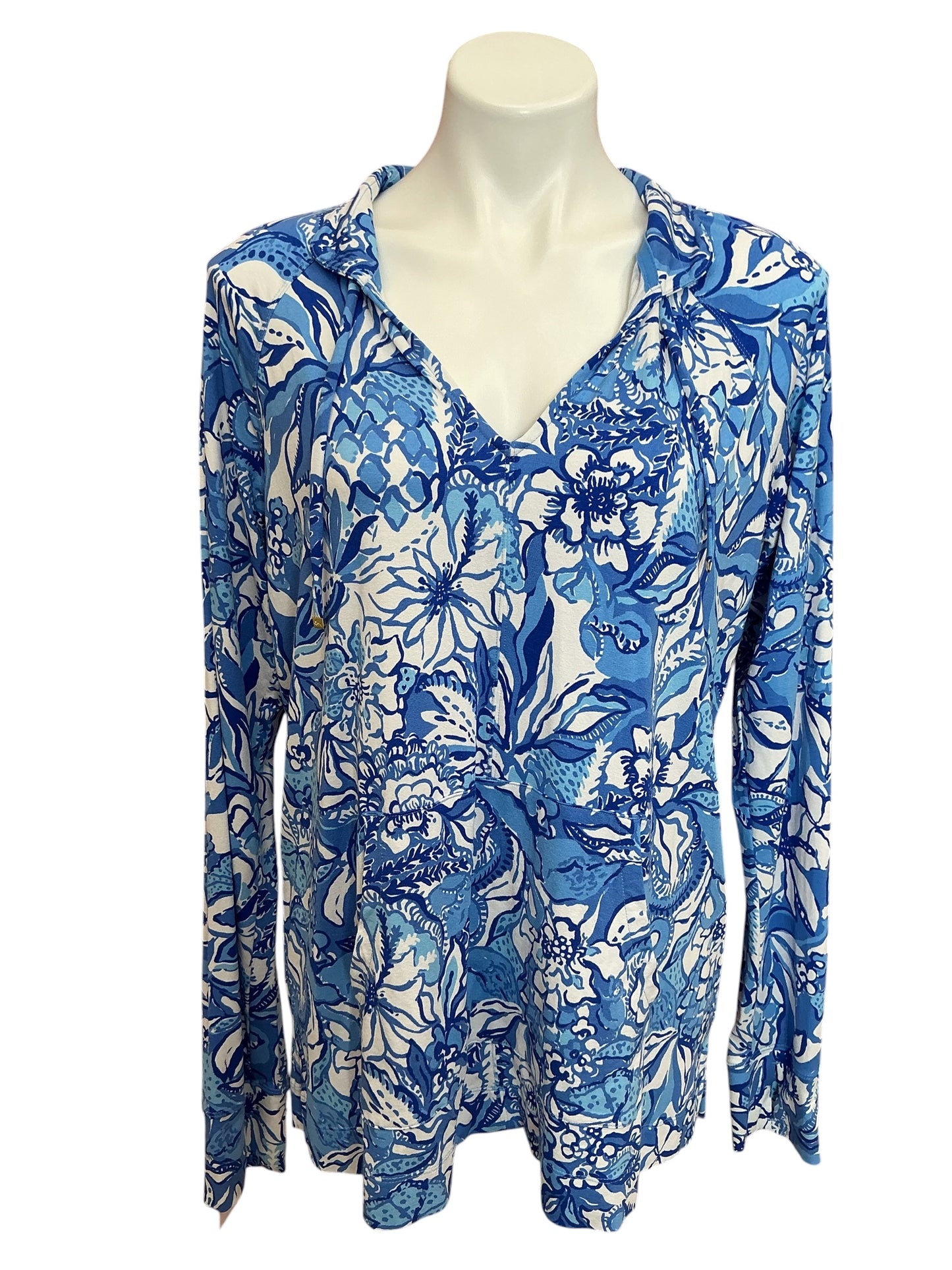 Lilly Pulitzer Cassi UPF 50+ Popover Top Blue Tang Flocking Fabulous - Size XL