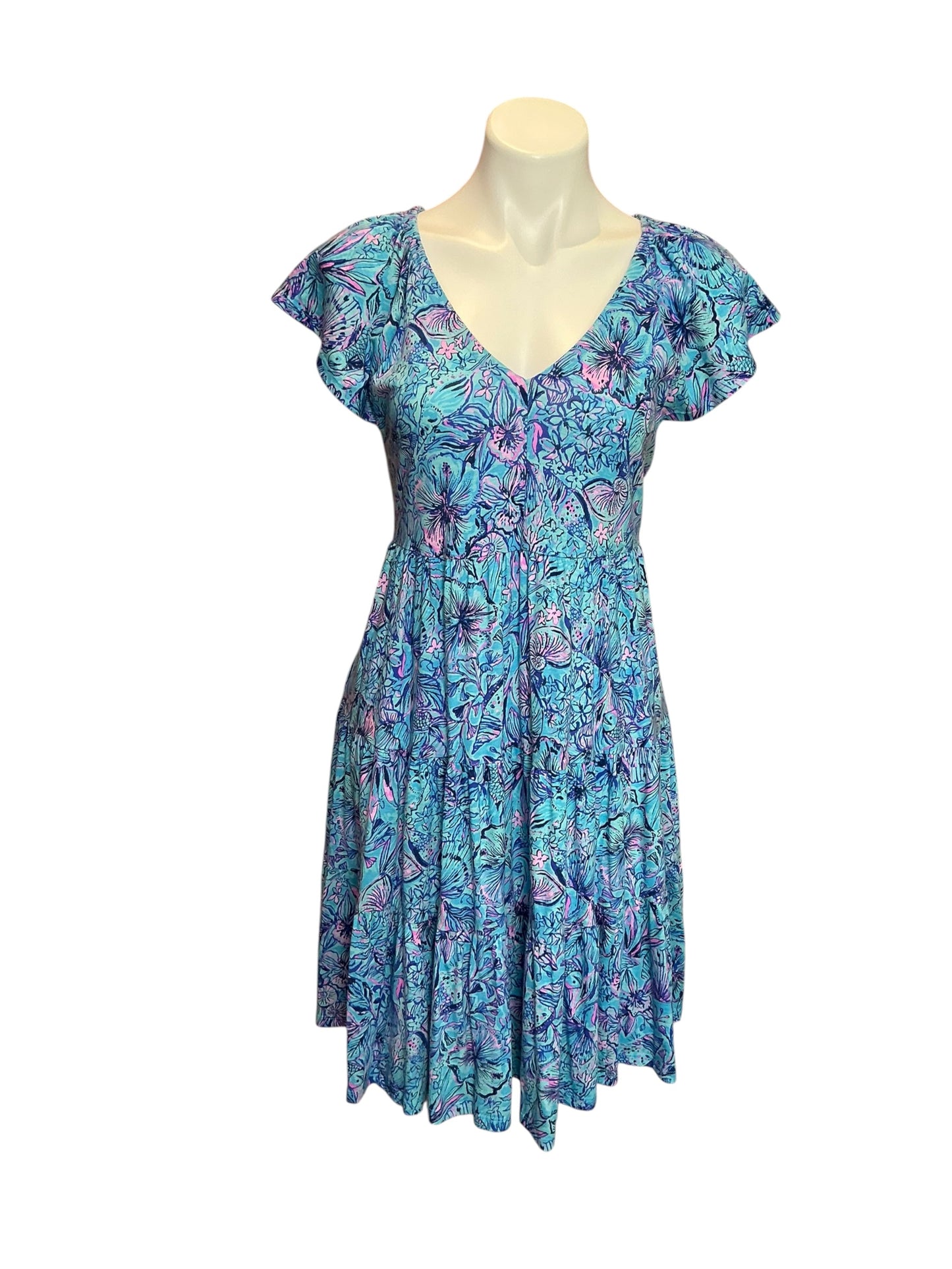 Lilly Pulitzer Kawai Flutter Sleeve Swing Dress Breakwater Blue Shells N Bells - Size M
