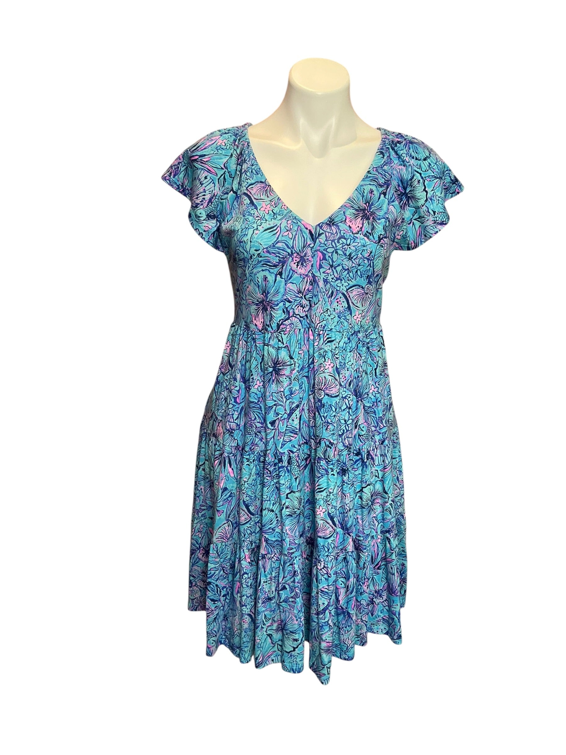 Lilly Pulitzer Kawai Flutter Sleeve Swing Dress Breakwater Blue Shells N Bells - Size M