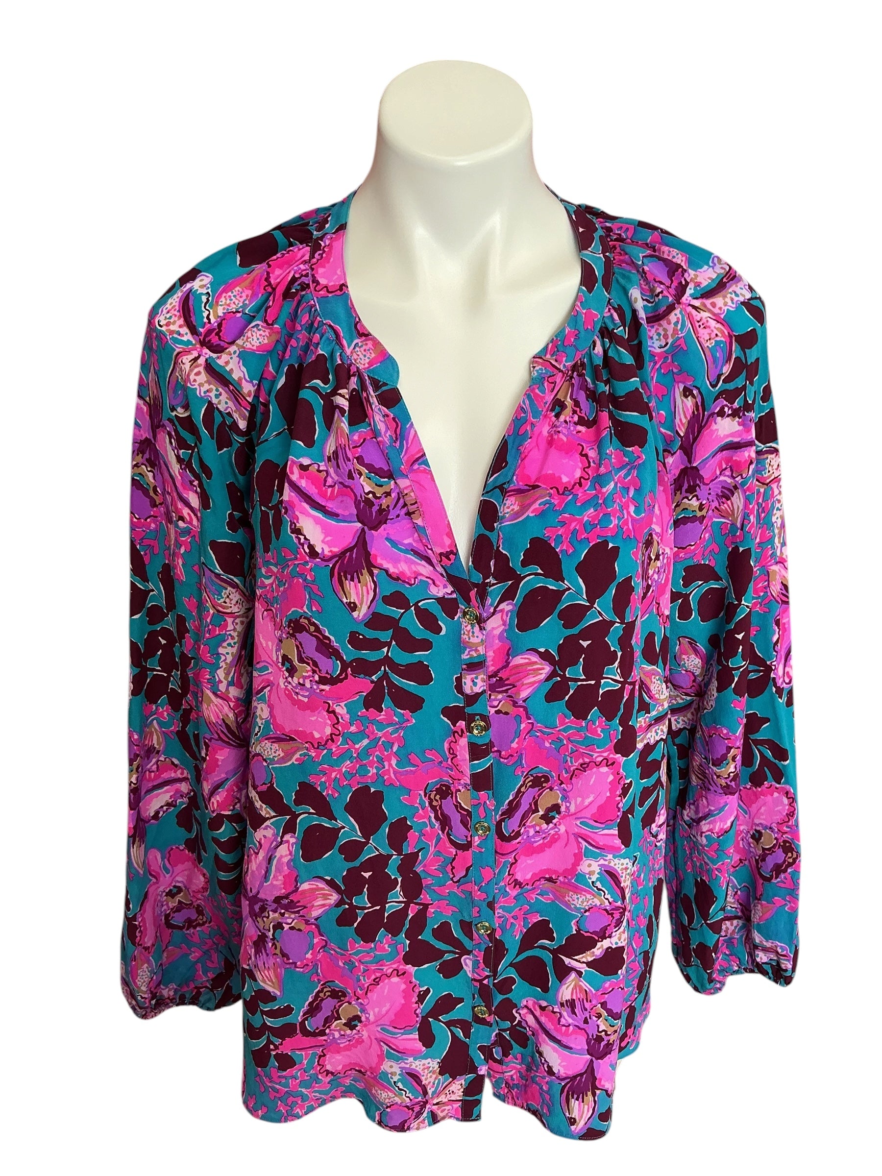 Lilly Pulitzer Saige Long Sleeve Silk Top Blue Rhapsody Orchid You Not - Size XL