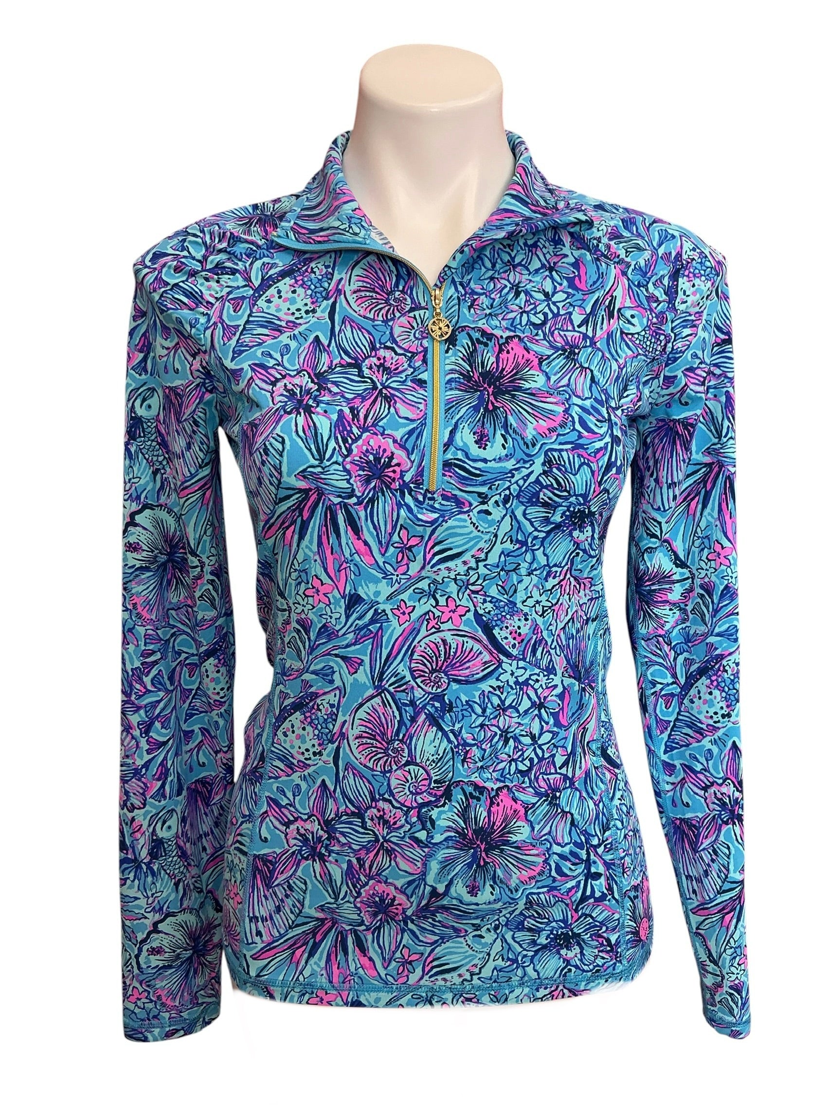 Lilly Pulitzer Justine Quarter Zip Pullover Breakwater Blue Shells And Bells - Size S