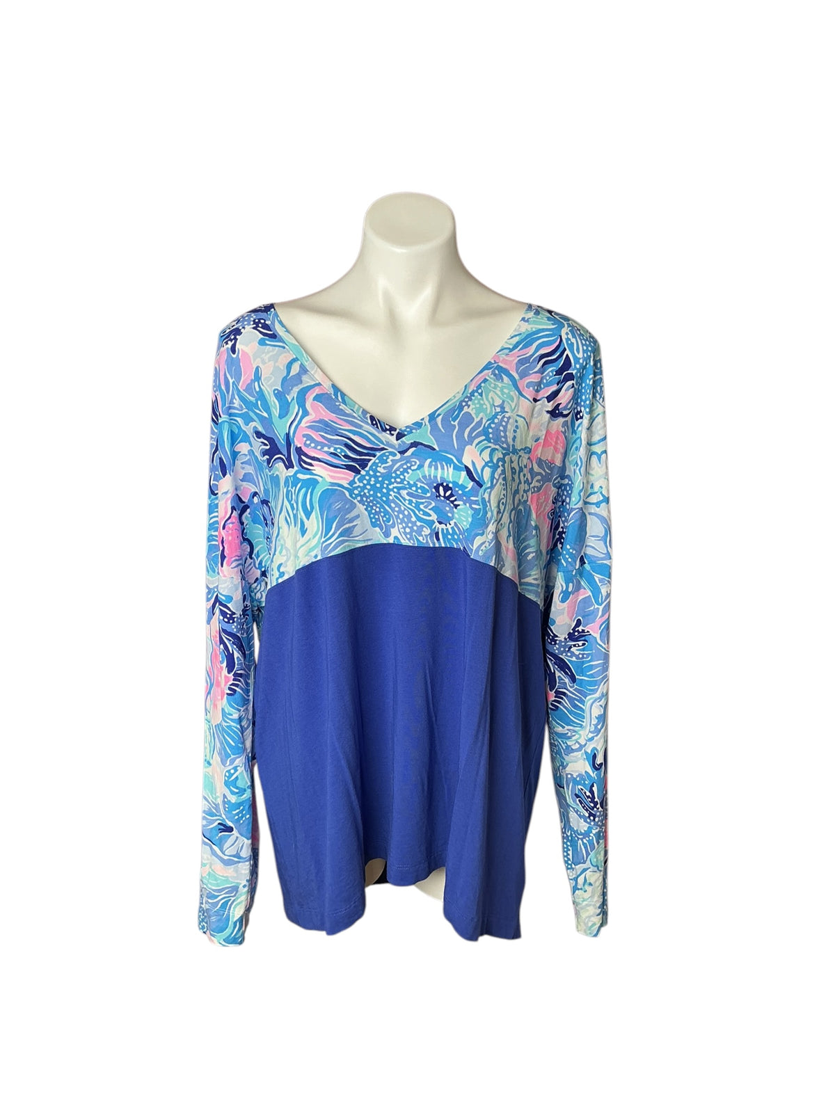Lilly Pulitzer Finn V-Neck Long Sleeve Top Saltwater Blue Shade Seekers - Size XXL