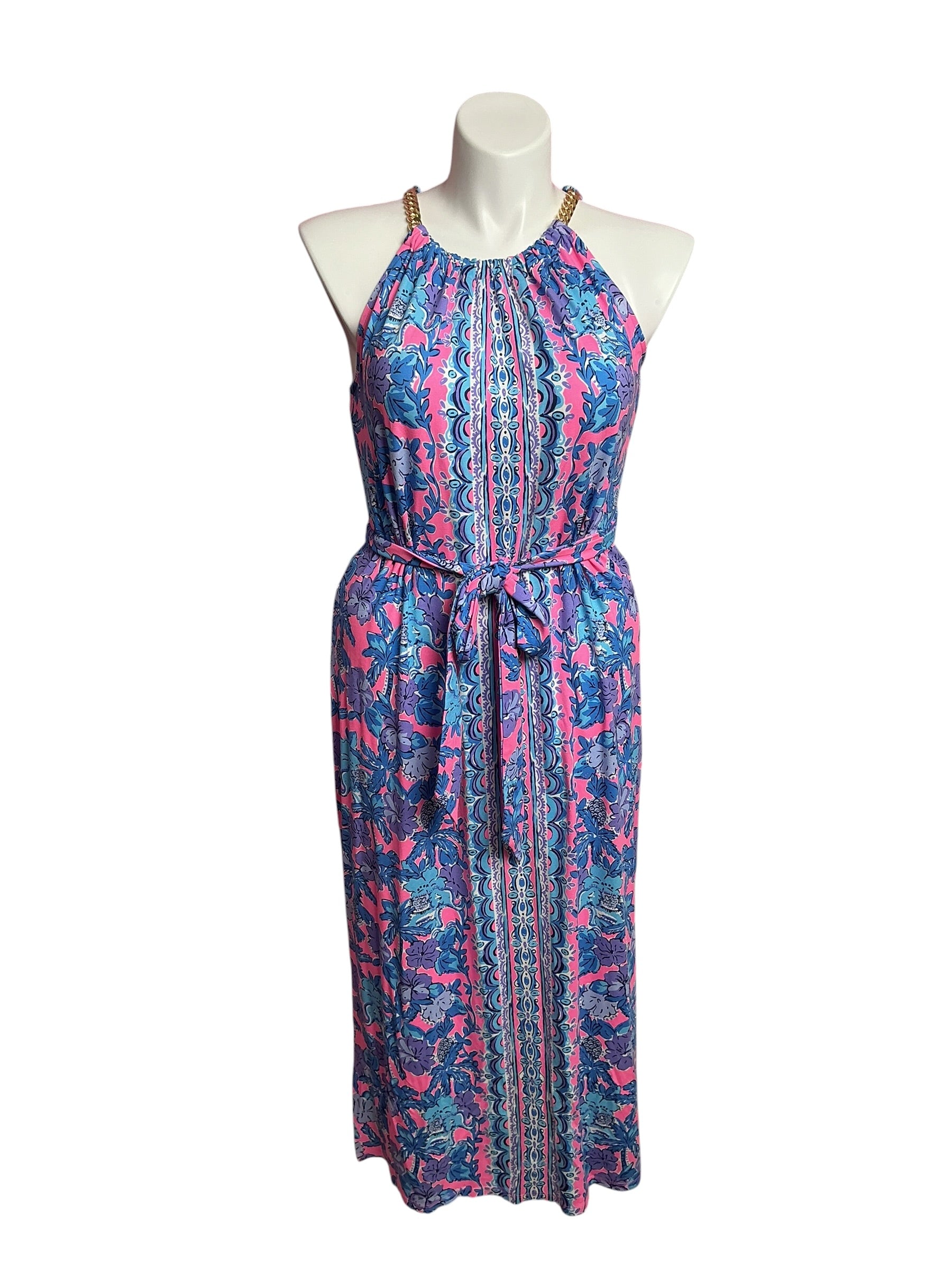 Lilly Pulitzer- Bingham Halter Midi Dress Soleil Pink Palm Paradise Size L