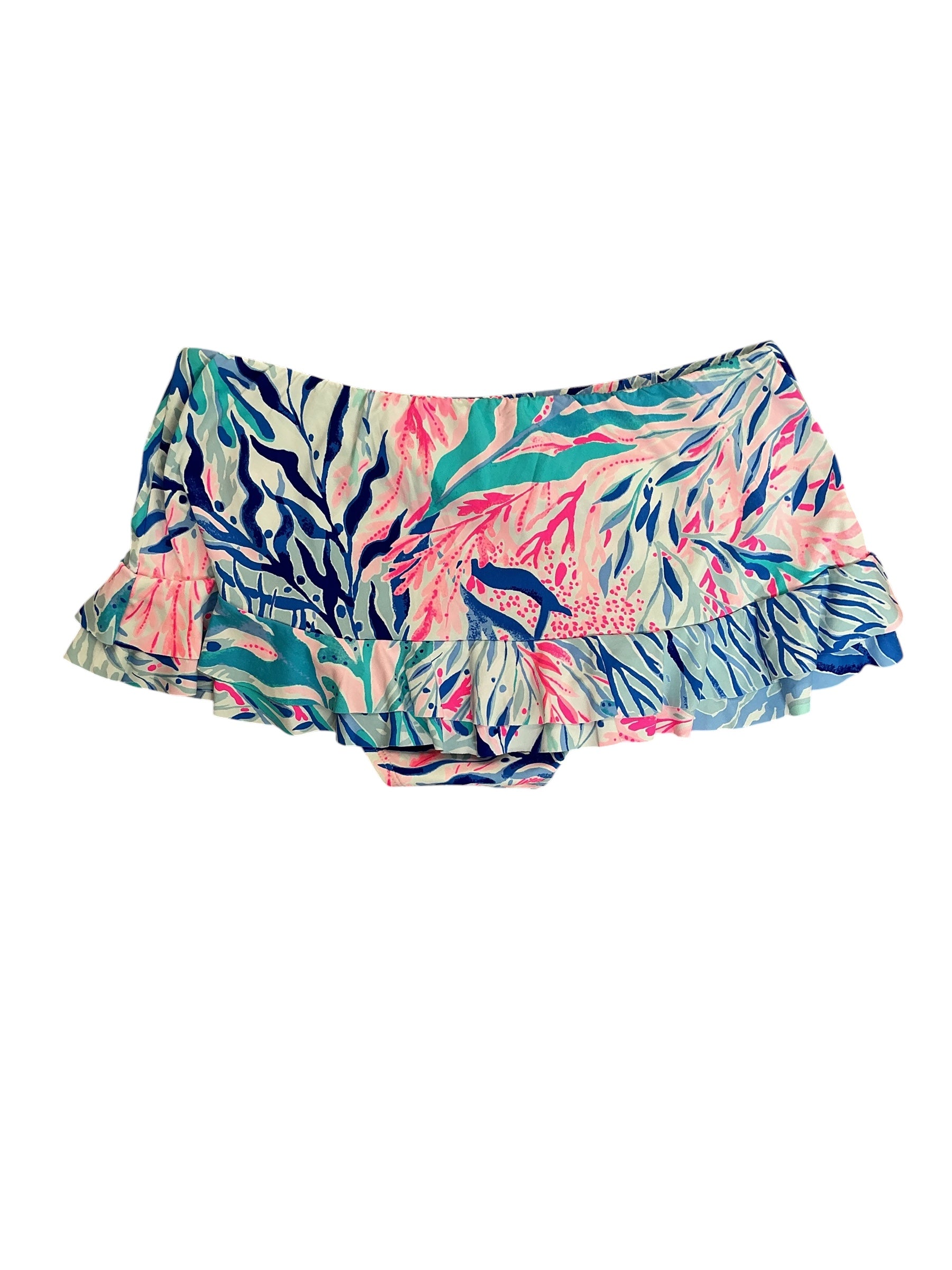 Lilly Pulitzer NWT Monaco Hipster Ruffle Swim Bottoms Crew Blue Tint Kaleidoscope Coral - Size 0