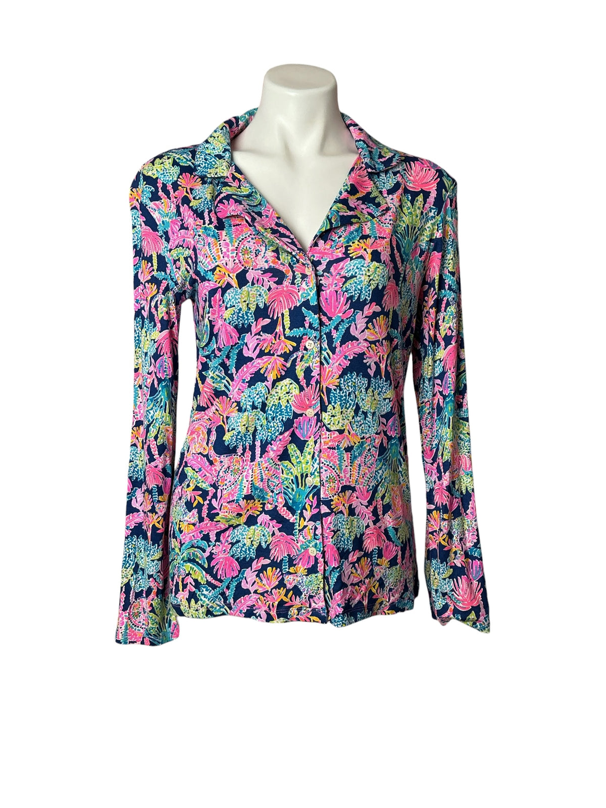 Lilly Pulitzer NWT PJ Knit LS Button-Up Top Oyster Bay Navy Blue Seen and Herd Knit - Size M