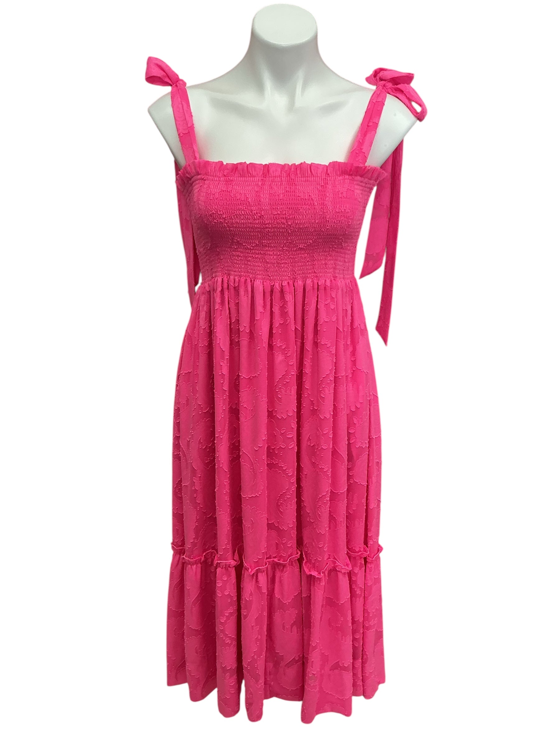 Lilly Pulitzer Hadly Smocked Maxi Dress Roxie Pink Poly Crepe Swirl Clip - Size M