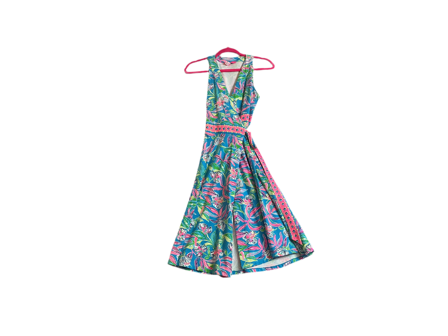 Lilly Pulitzer Clancie Wrap Dress in the Formentera Turquoise Keep on Beleafing print - Size xs