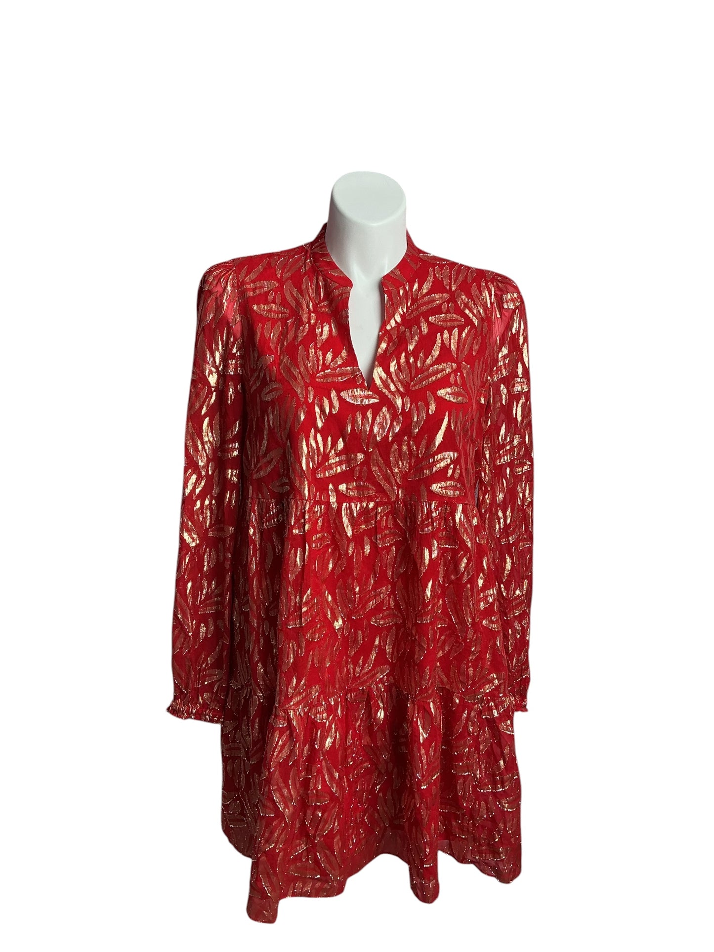 Lilly Pulitzer- Evaline Silk Dress Malbec Red Gold Metallic Leaf Size 14