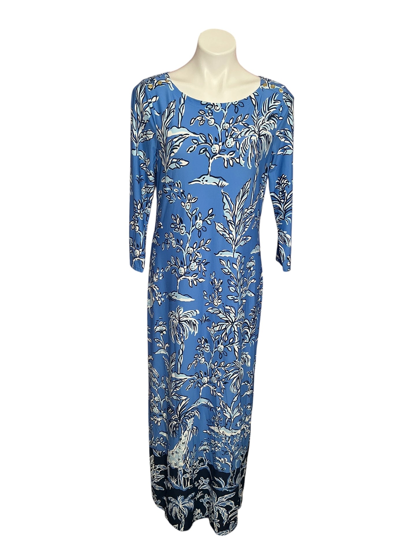 Lilly Pulitzer Seralina Maxi Dress Sunwashed Blue Tall Tales Engineered - Size L