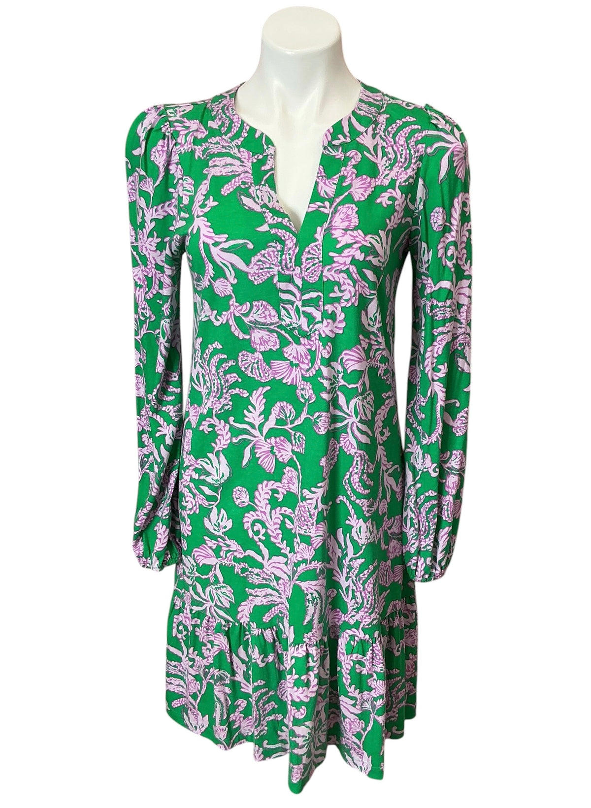 Lilly Pulitzer Alyssa A Line Cotton Dress Kelly Green Hibis Kiss - Size S