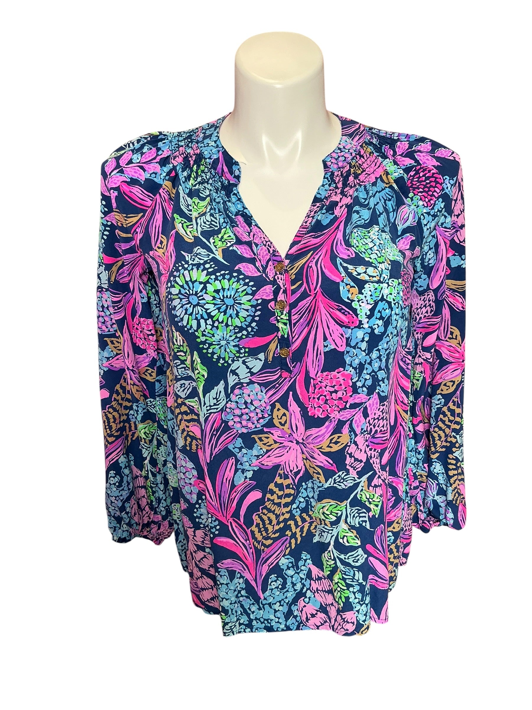 Lilly Pulitzer Elsa Silk Top Aegean Navy Calypso Coast - Size M