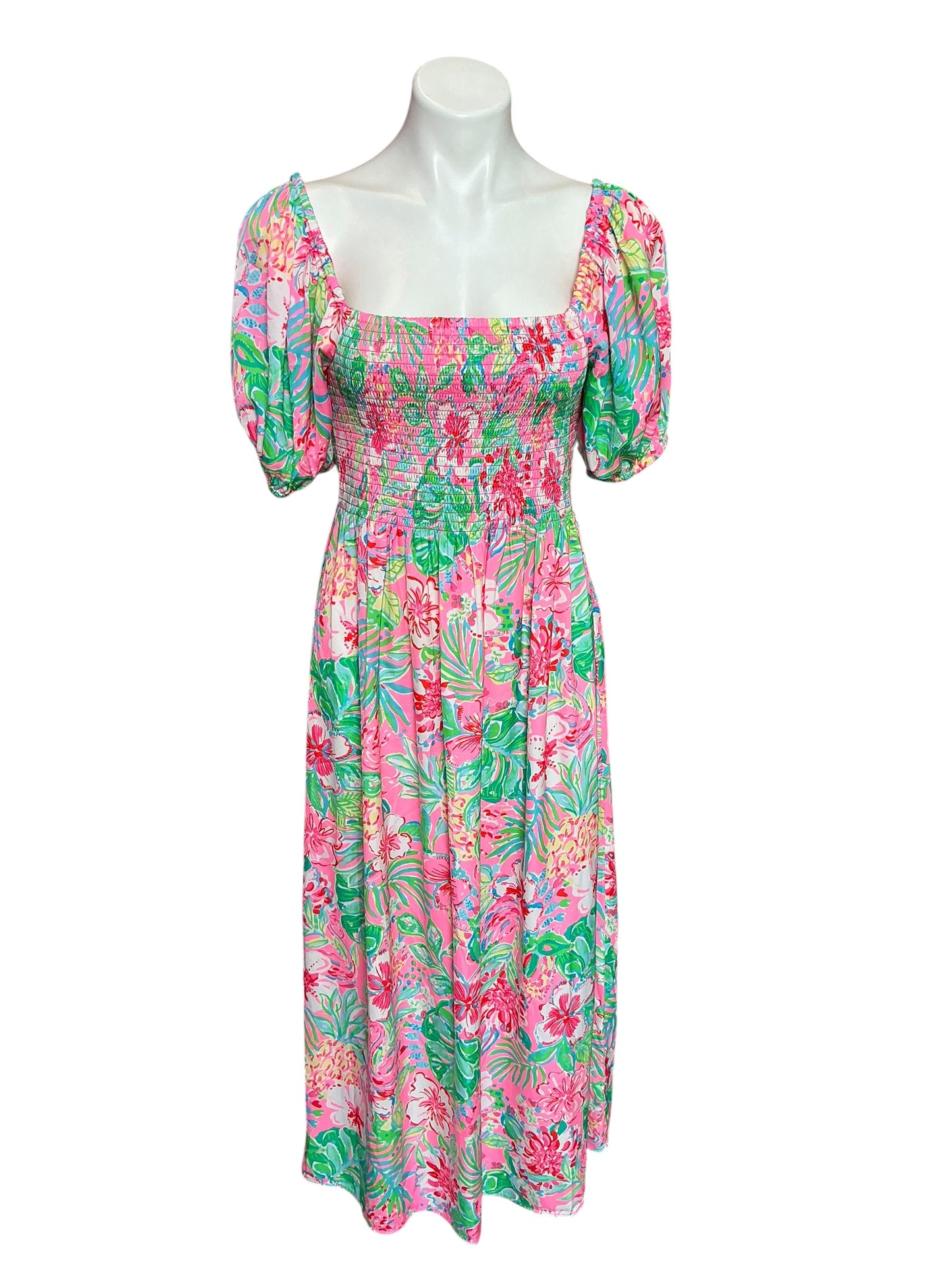 Lilly Pulitzer Selah Short Sleeve Smocked Midi Dress Multi Journey to the Jungle - Size M