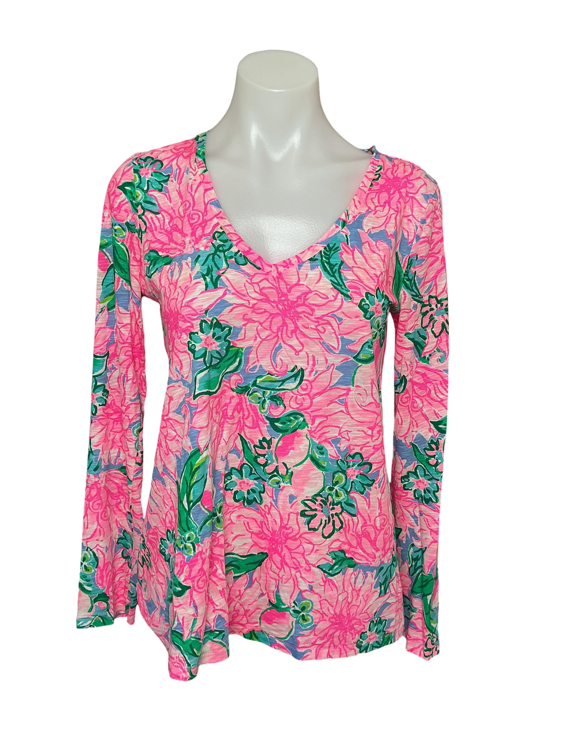 Lilly Pulitzer Etta Long Sleeve V-Neck Top - Pink Blossom Try Your Zest - Size XS
