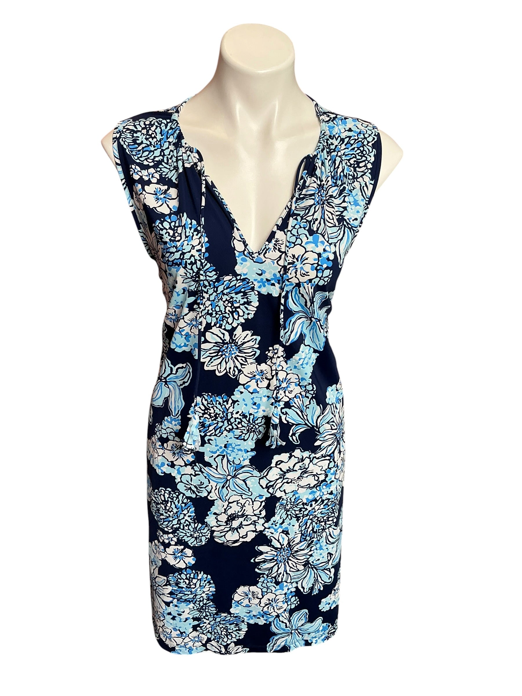 Lilly Pulitzer Aria Stretch Cotton Shift Dress Low Tide Navy Bouquet All Day - Size XL