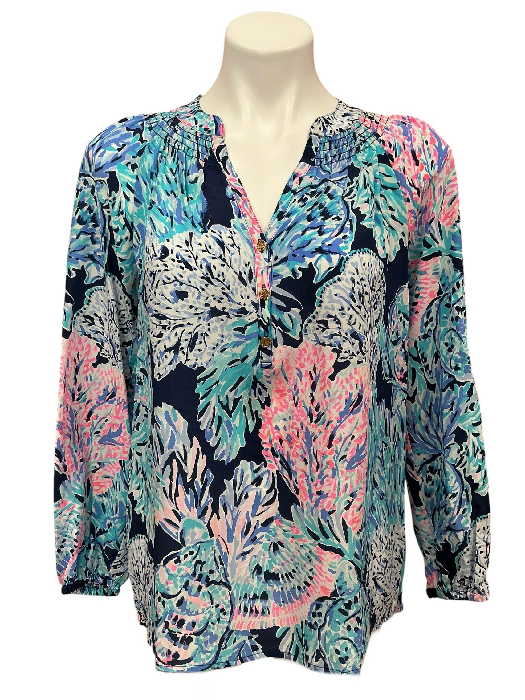 Lilly Pulitzer Elsa Silk Top High Tide Navy Party In Paradise - Size S