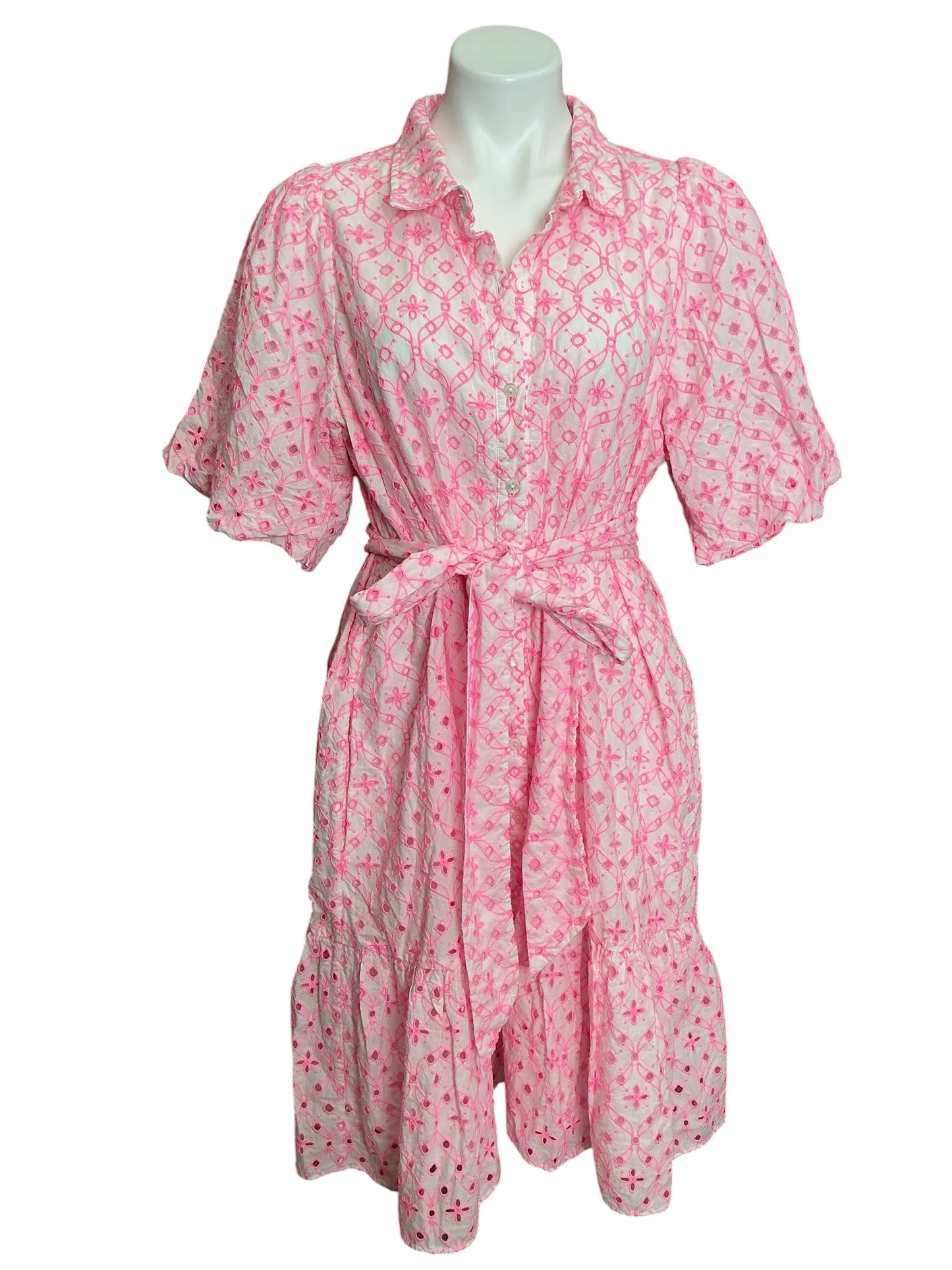 Lilly Pulitzer Cartley Elbow Sleeve Eyelet Shirtdress Resort White X Havana Pink Flutter Eyelet - Size 16