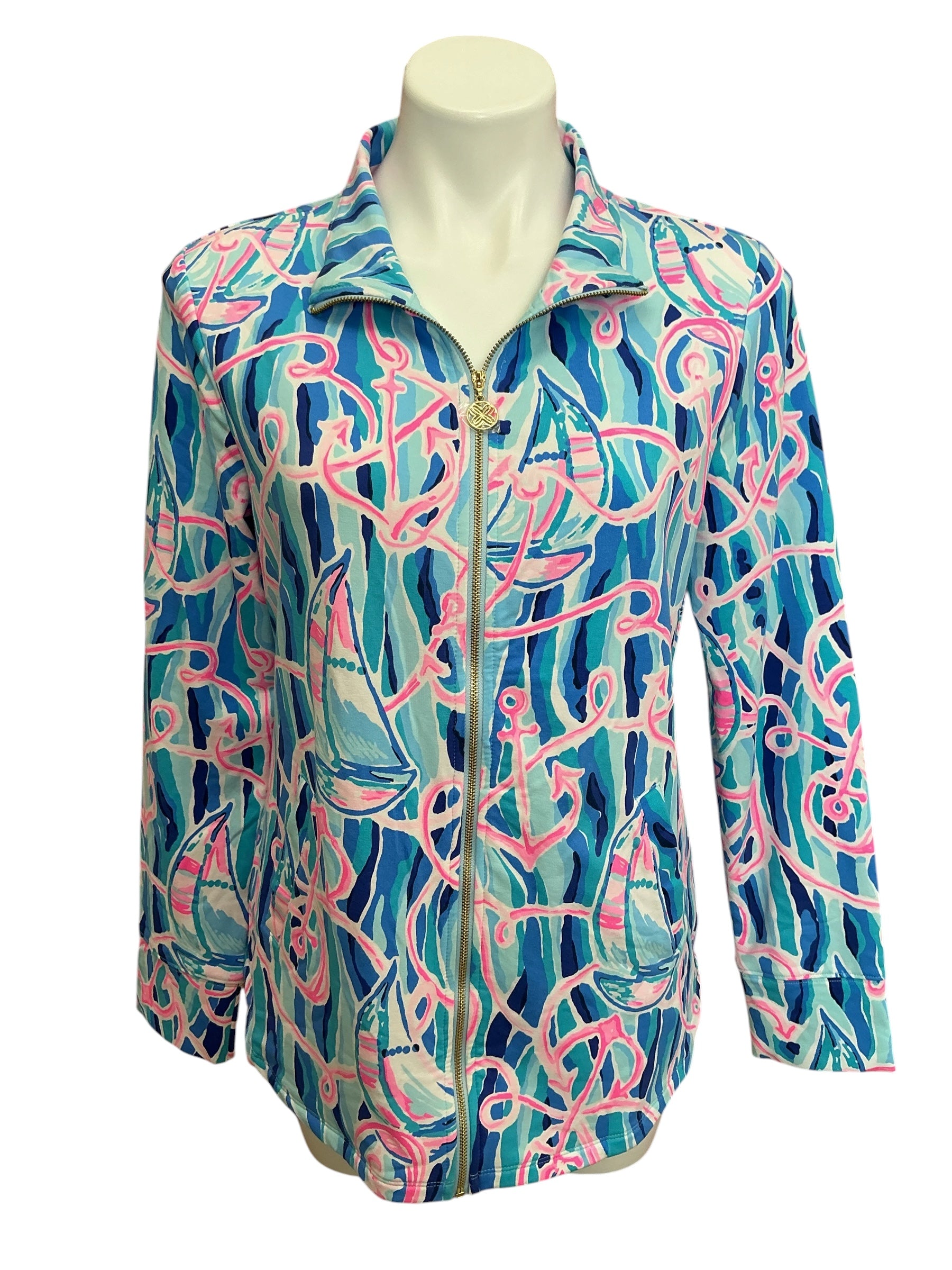 Lilly Pulitzer NWT Leona UPF 50+ Zip Up Top Skim Blue Reel Nauti - Size S