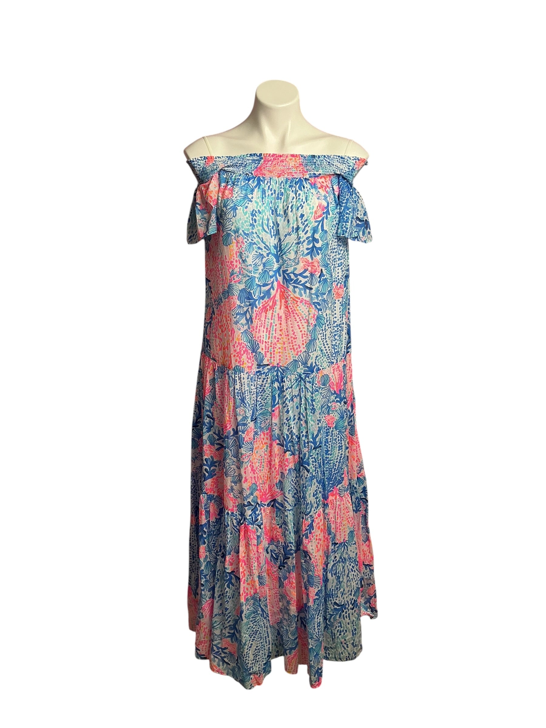 Lilly Pulitzer- Dezi Off-The-Shoulder Maxi Dress Pink Isle Snappy Turtle Size S