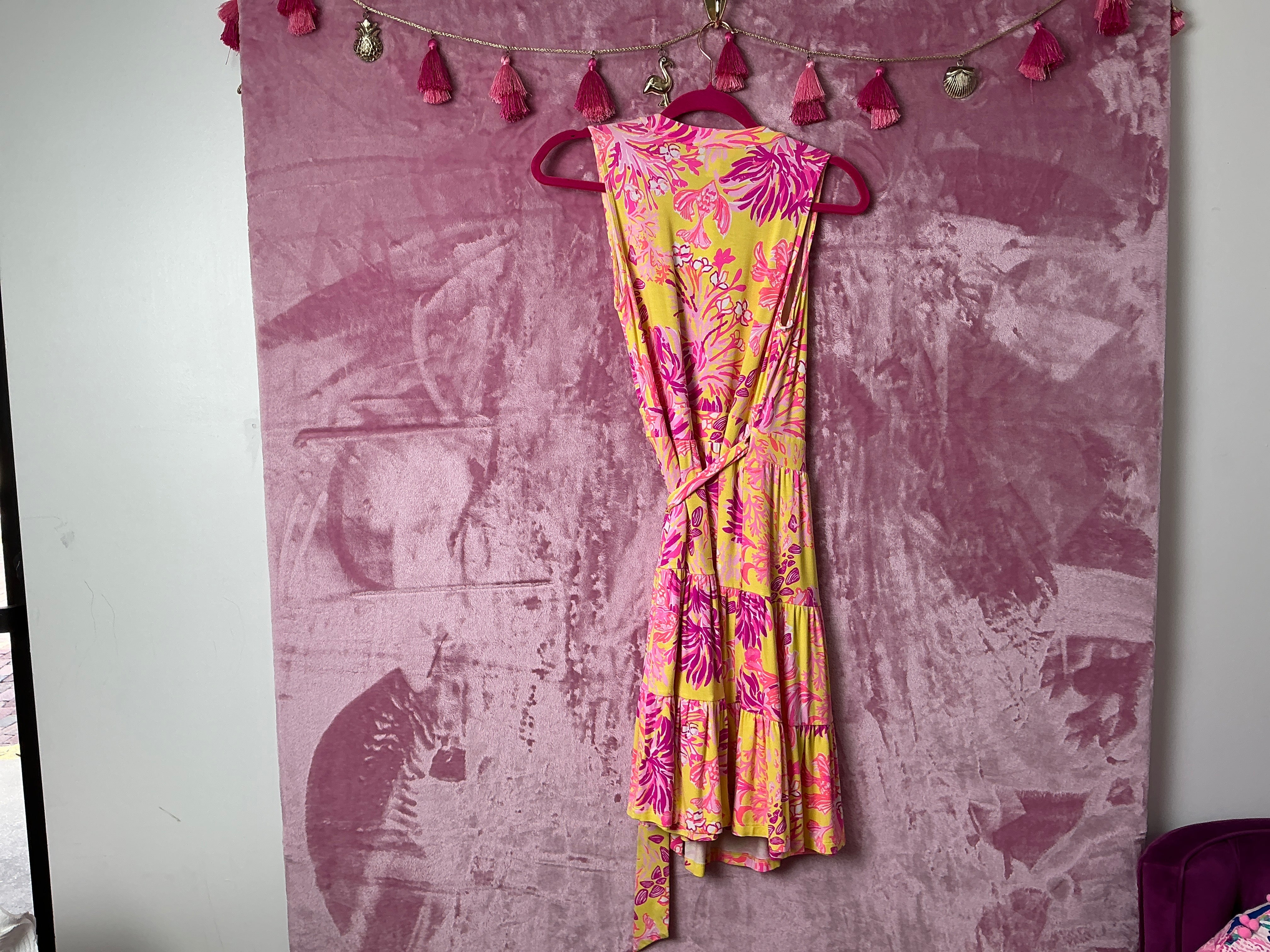 Lilly Pulitzer Folly Floral Wrap Dress - Calla Yellow Floral Coral - Size XS