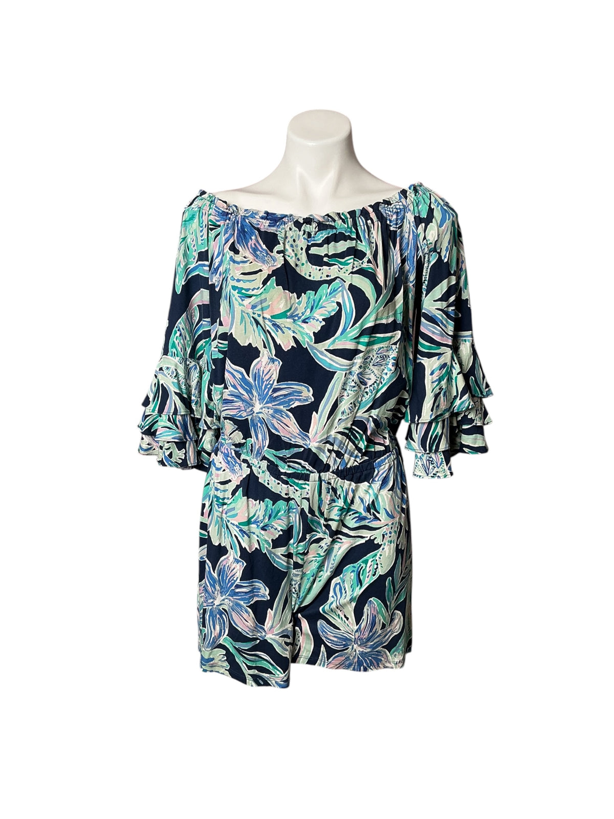 Lilly Pulitzer Calla Romper High Tide Navy Ready Set Gecko - Size M