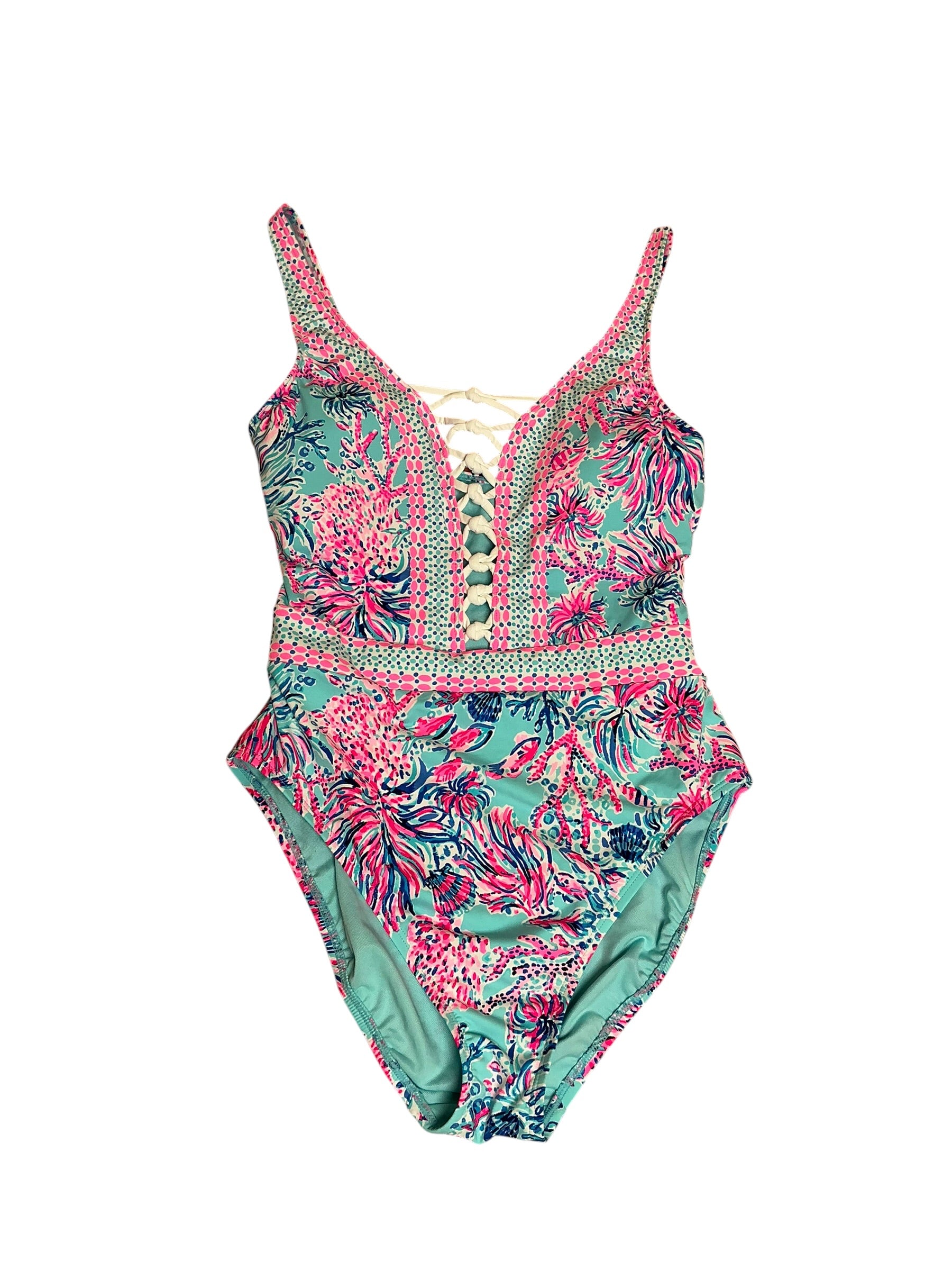 Lilly Pulitzer Caseylee Lattice One-Piece Swimsuit Celestial Blue Seek and Sea - Size 10