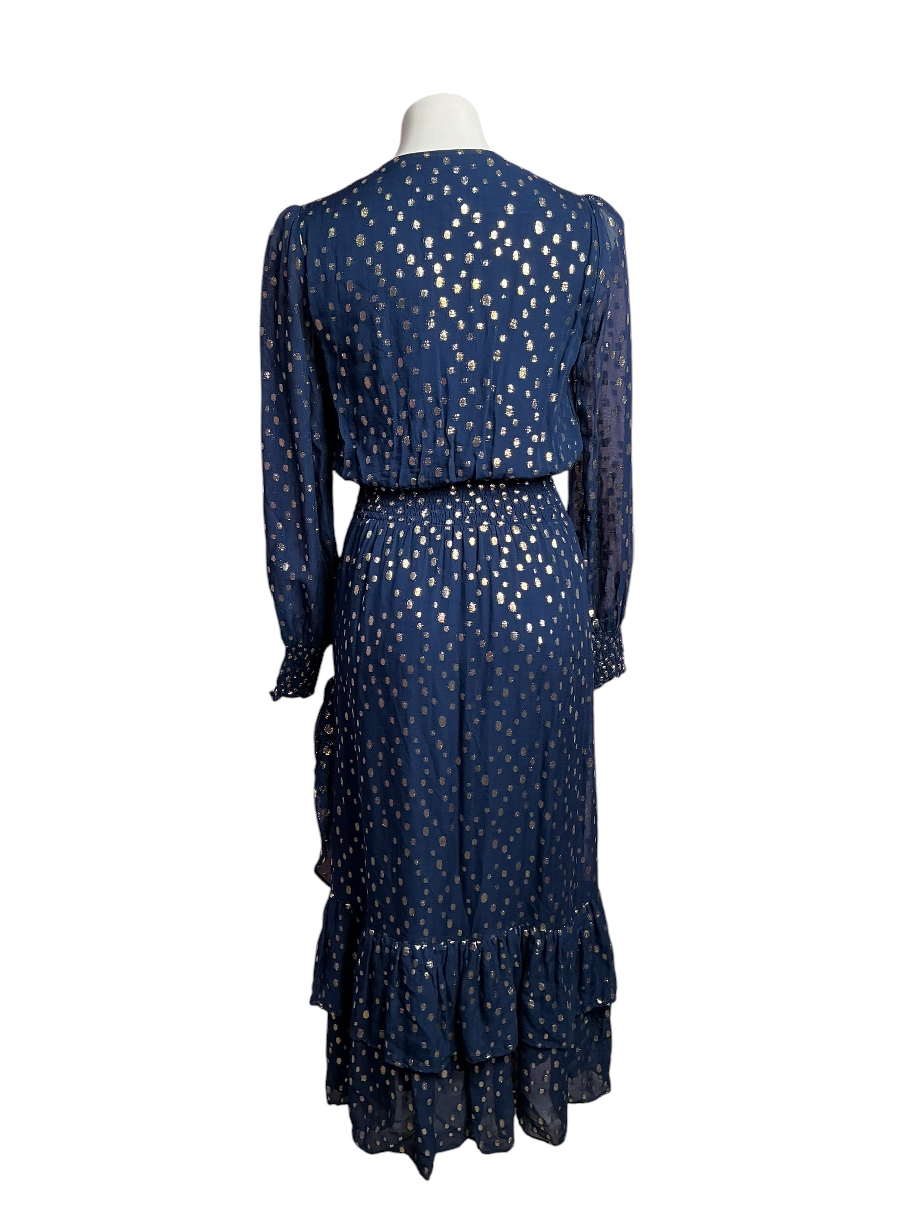 Lilly Pulitzer- Christiana Long Sleeve Chiffon Midi Dress Low Tide Navy Viscose Metallic Size 0